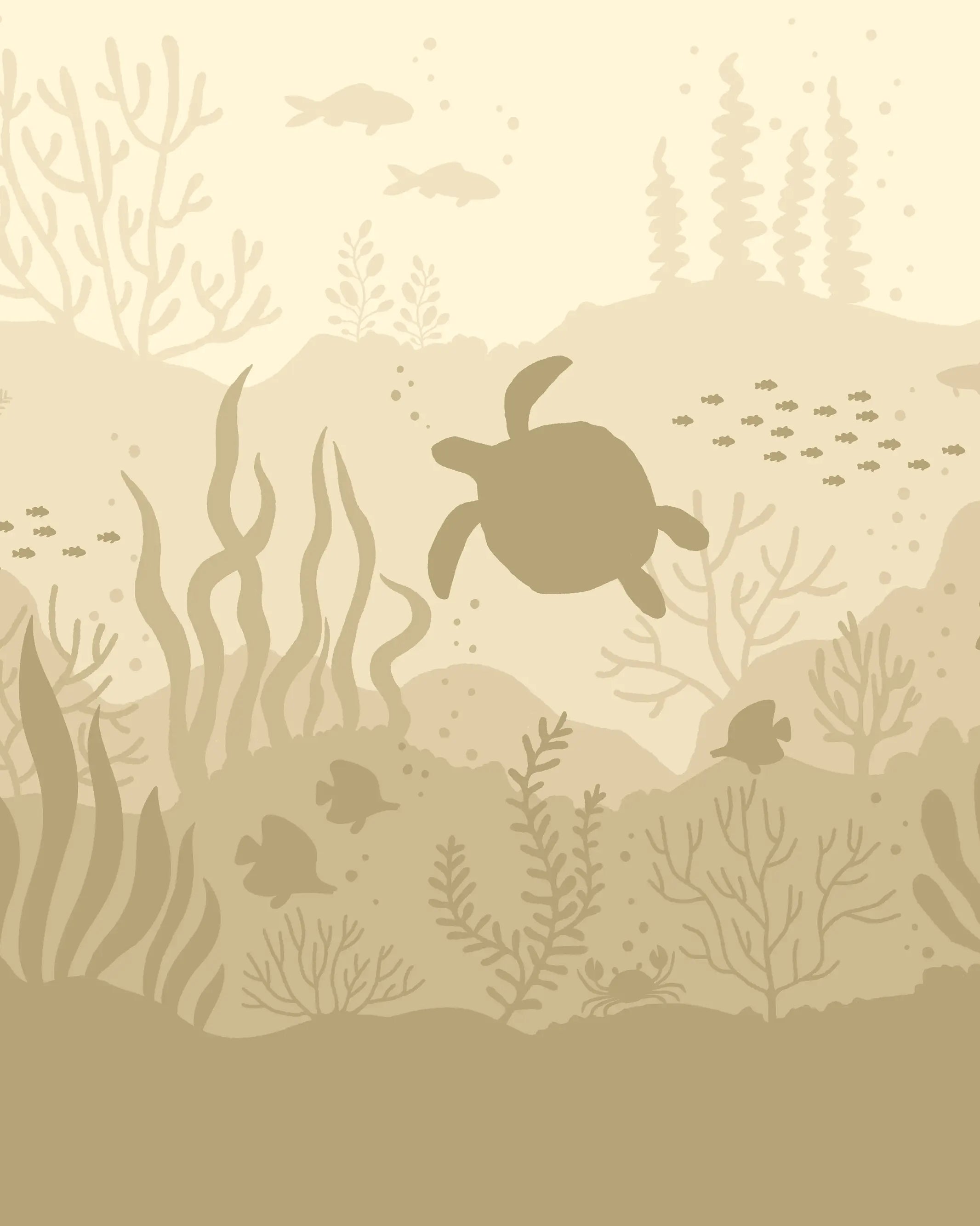 Underwater scene with a turtle and marine life on a beige background