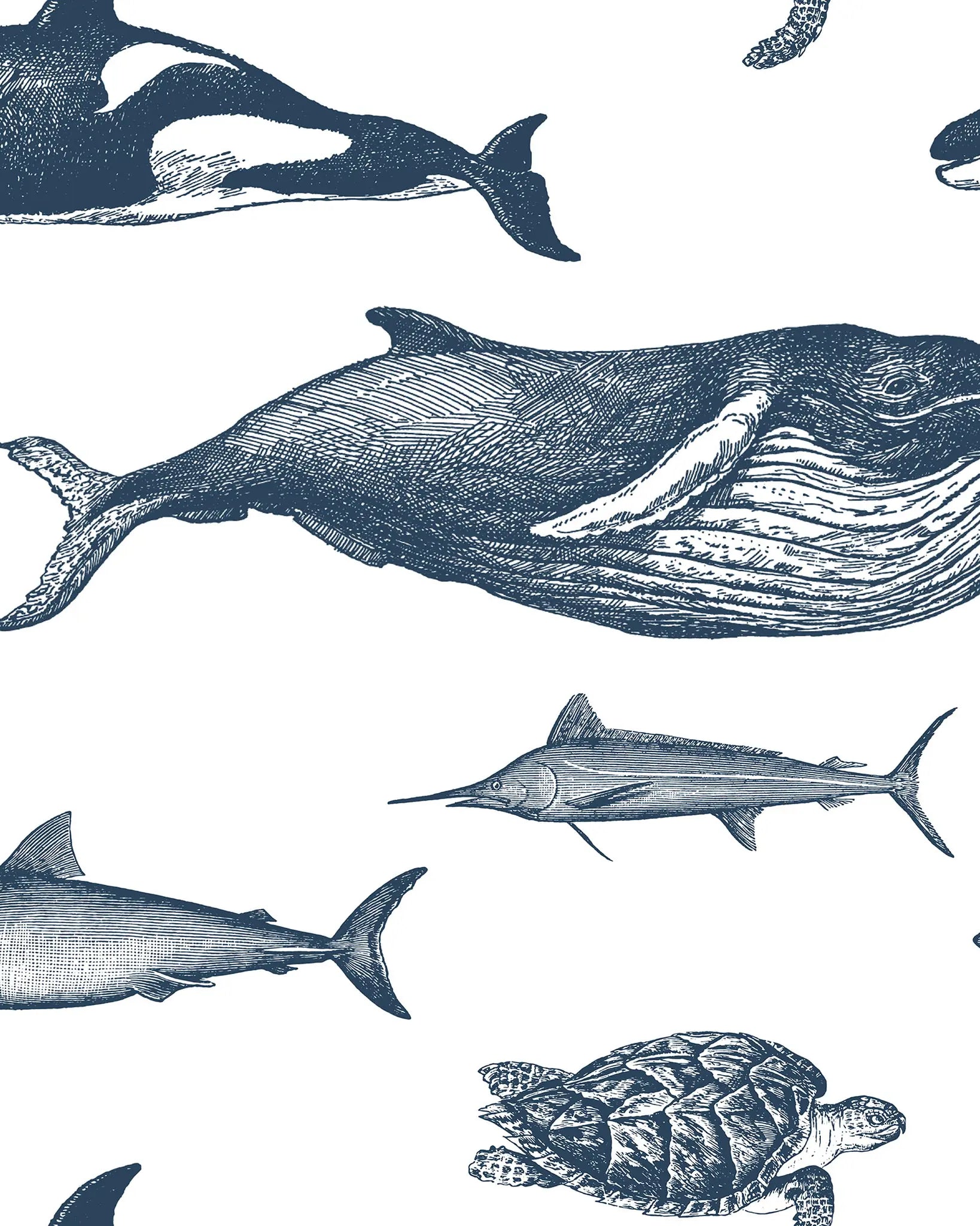 Pattern of blue marine animals on a white background