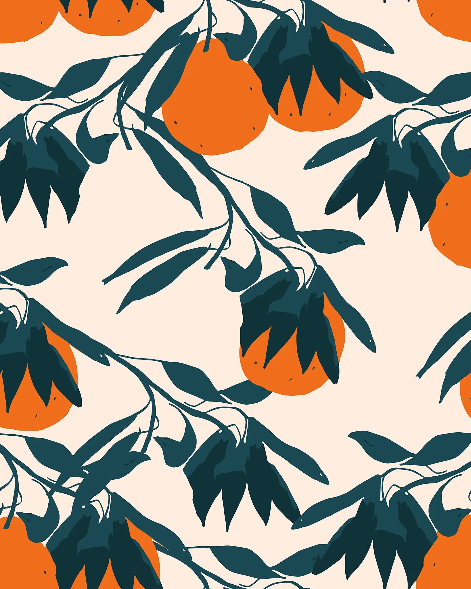 Pattern of oranges and leaves on a beige background