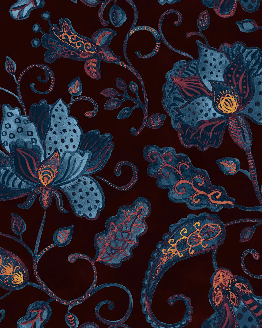 Decorative pattern of blue and pink flowers on a dark background