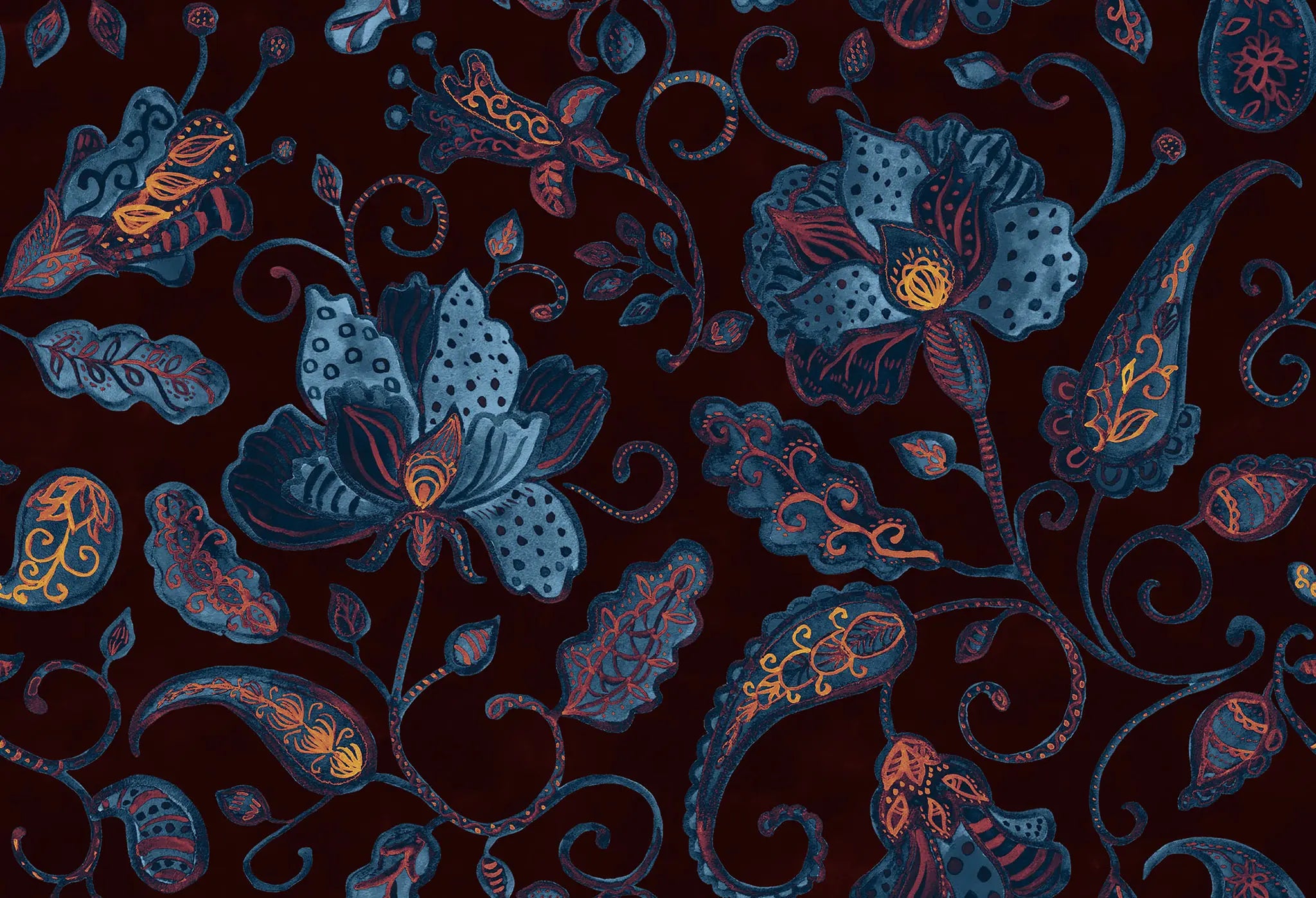 Decorative pattern of blue and pink flowers on a dark background