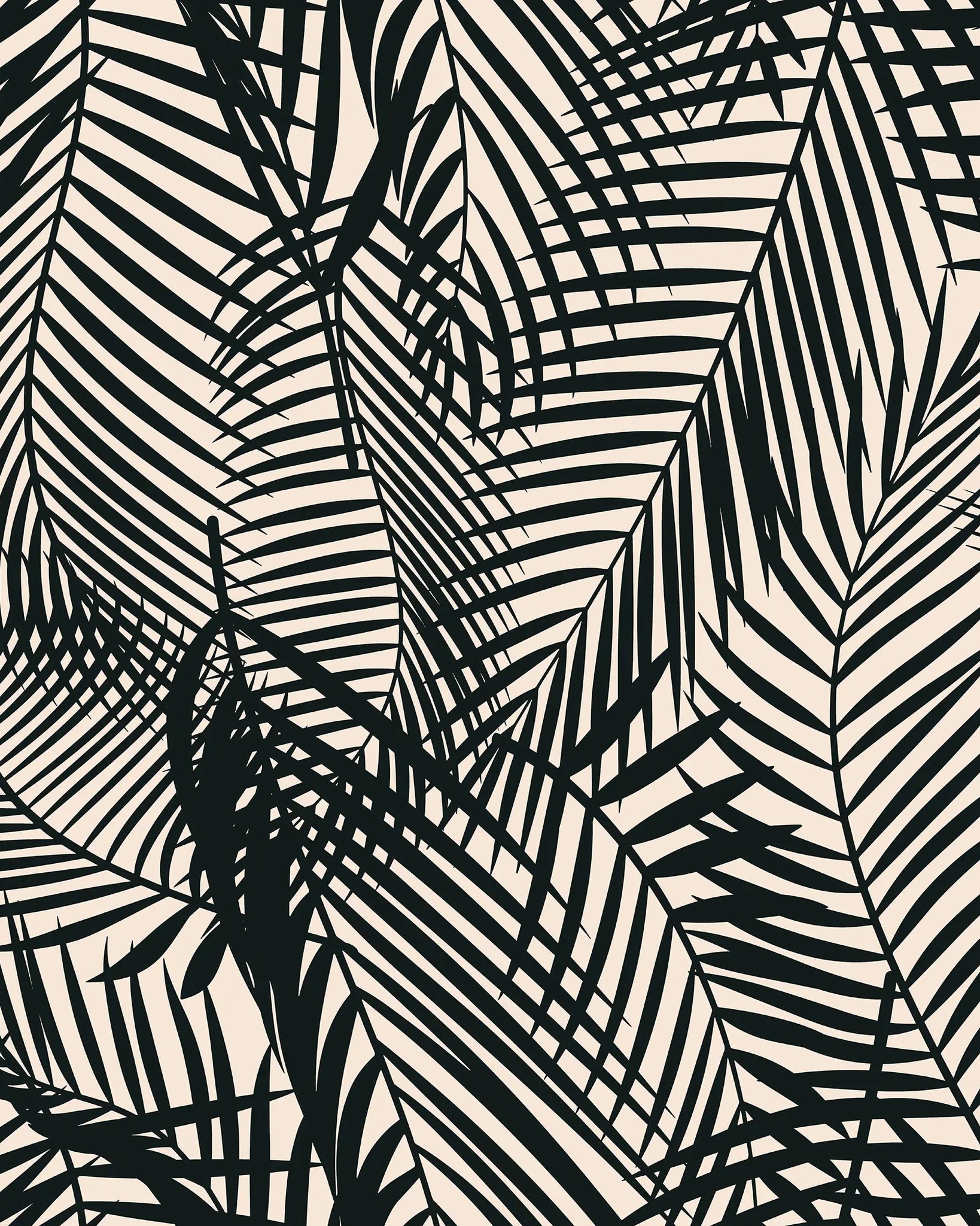 Black and white palm leaf pattern on a beige background