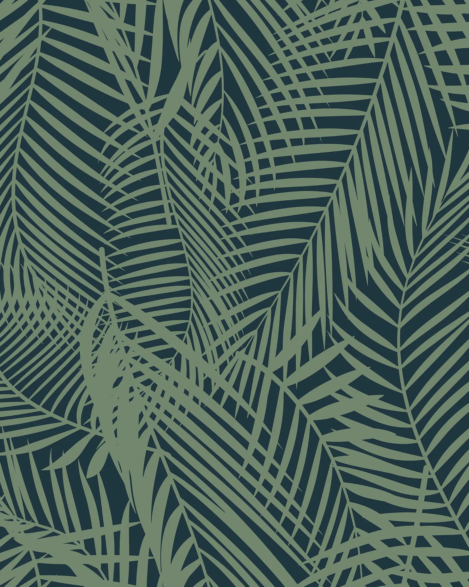 Pattern of green palm leaves on a dark blue background