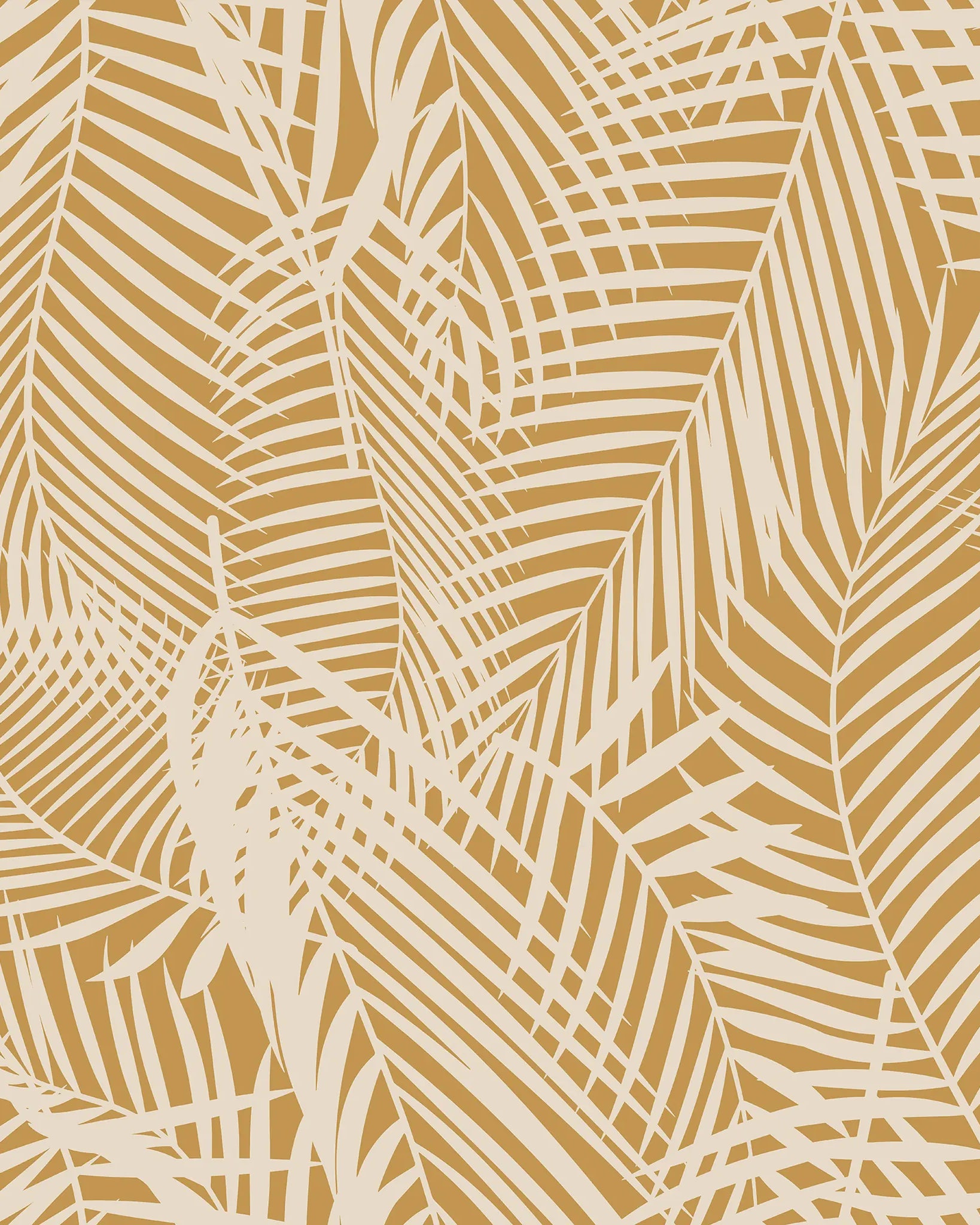 Pattern of palm leaves in gold and beige on a beige background