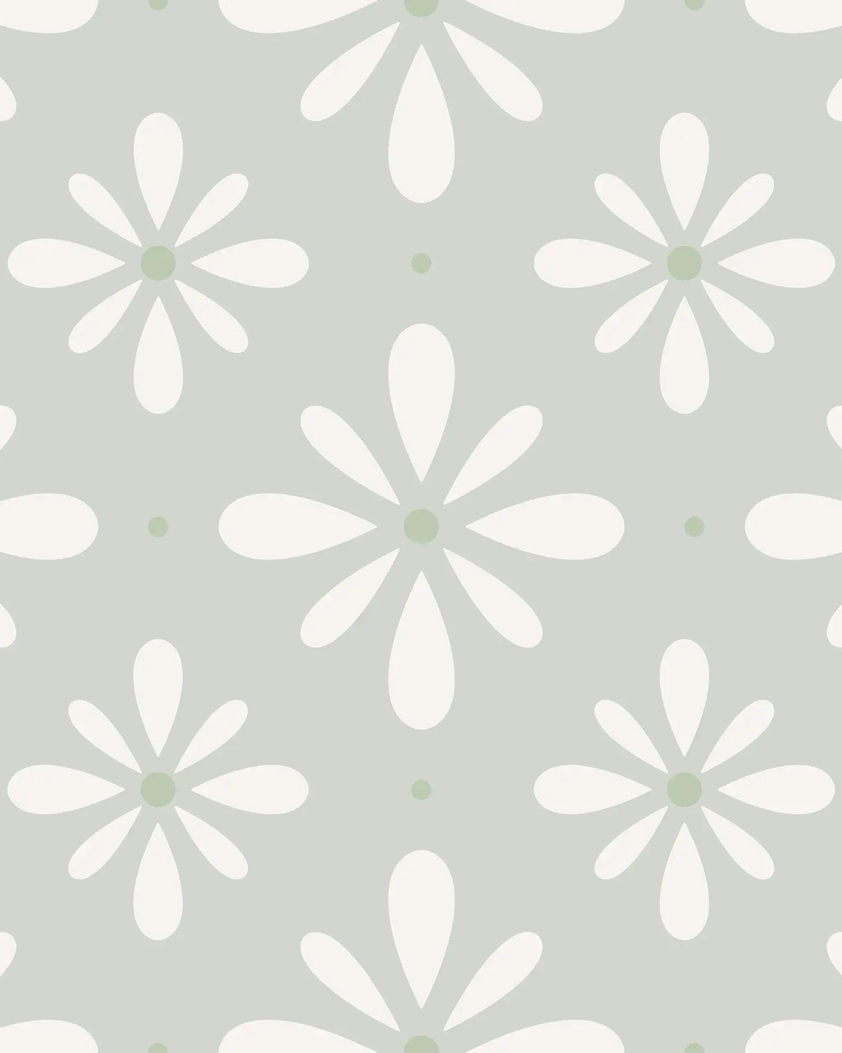Pattern of white flowers with green centers on a light gray background
