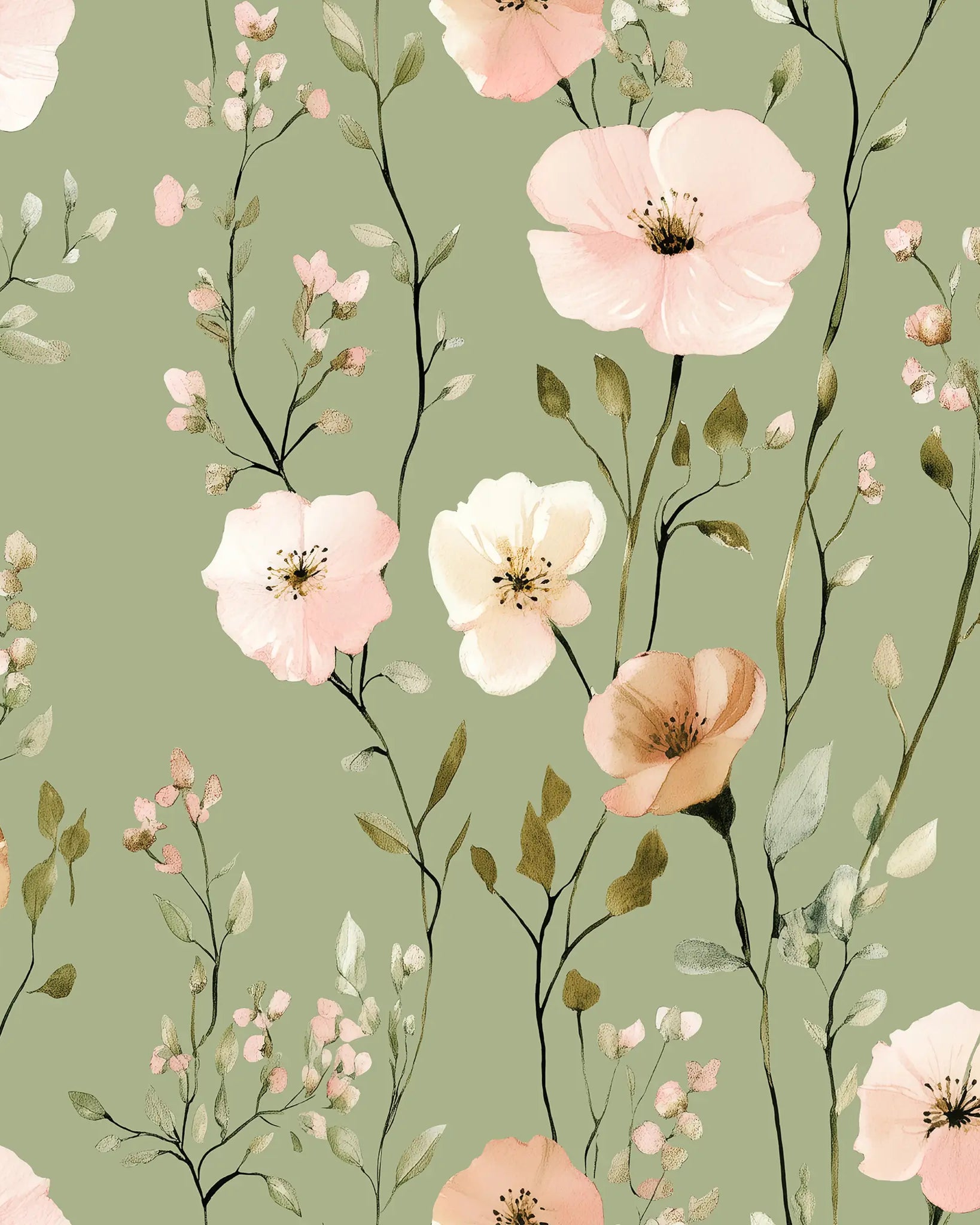 Floral pattern with pink and peach flowers on a green background