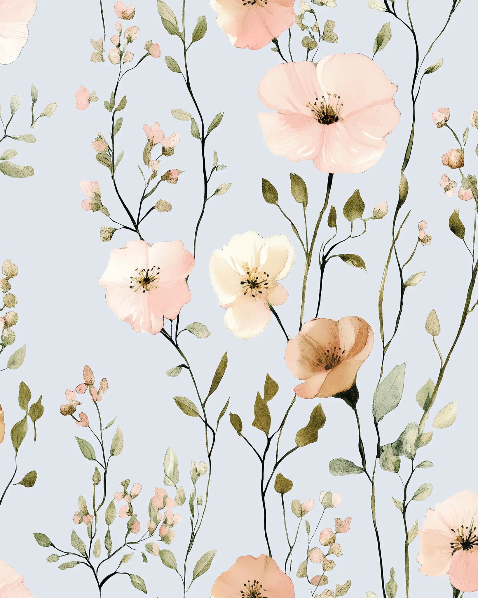 Floral pattern with pink and peach flowers on a light blue background