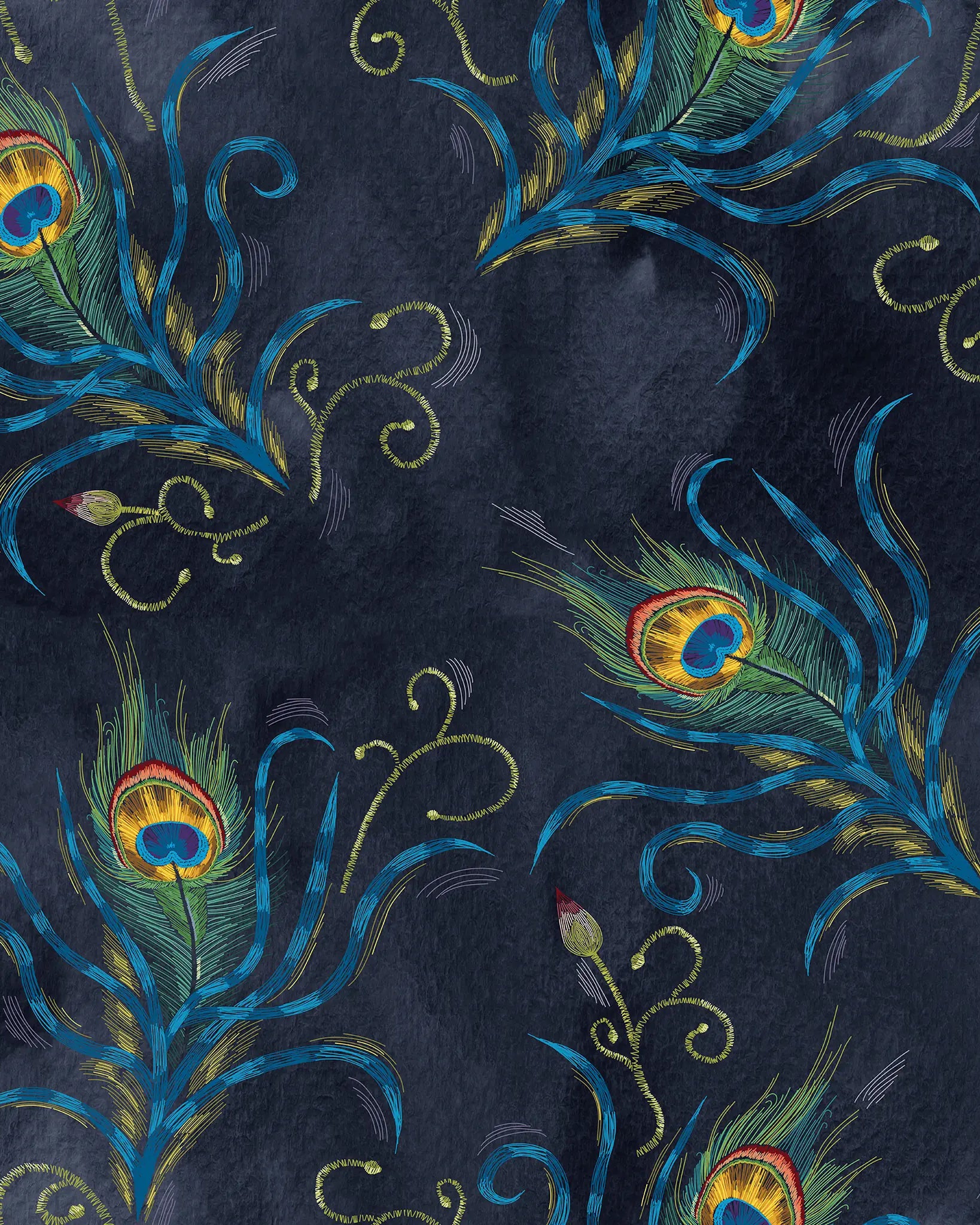 Pattern of peacock feathers on a dark blue background