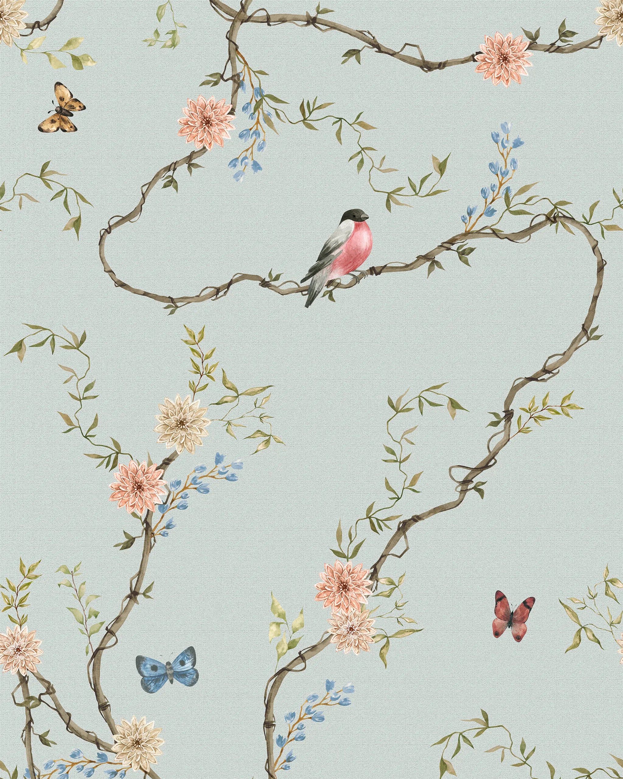 Wallpaper design with birds, flowers, and butterflies on a light blue background
