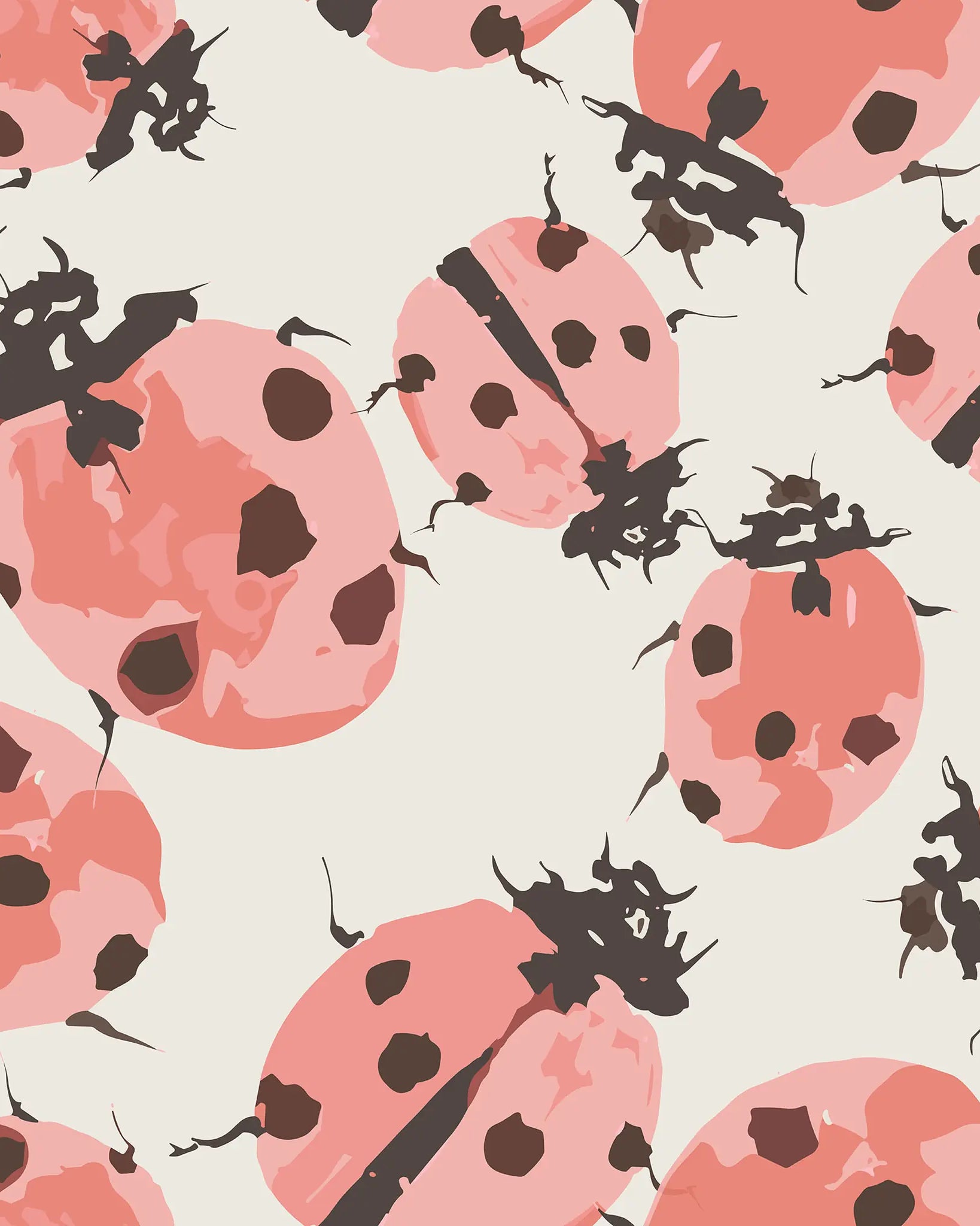 Pattern of pink ladybugs with black spots on a light background