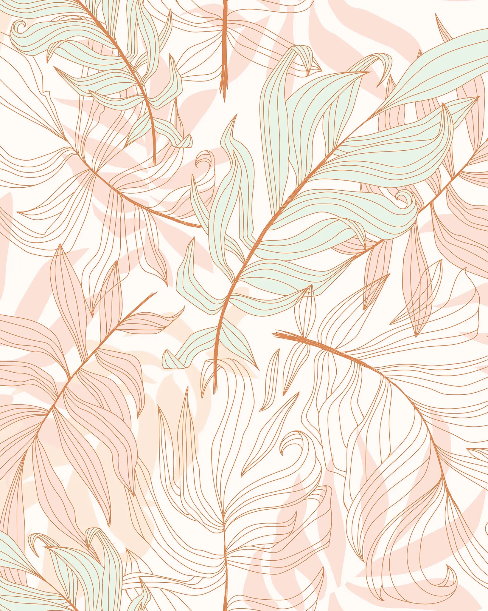 Pattern of stylized leaves in pink and green on a light background