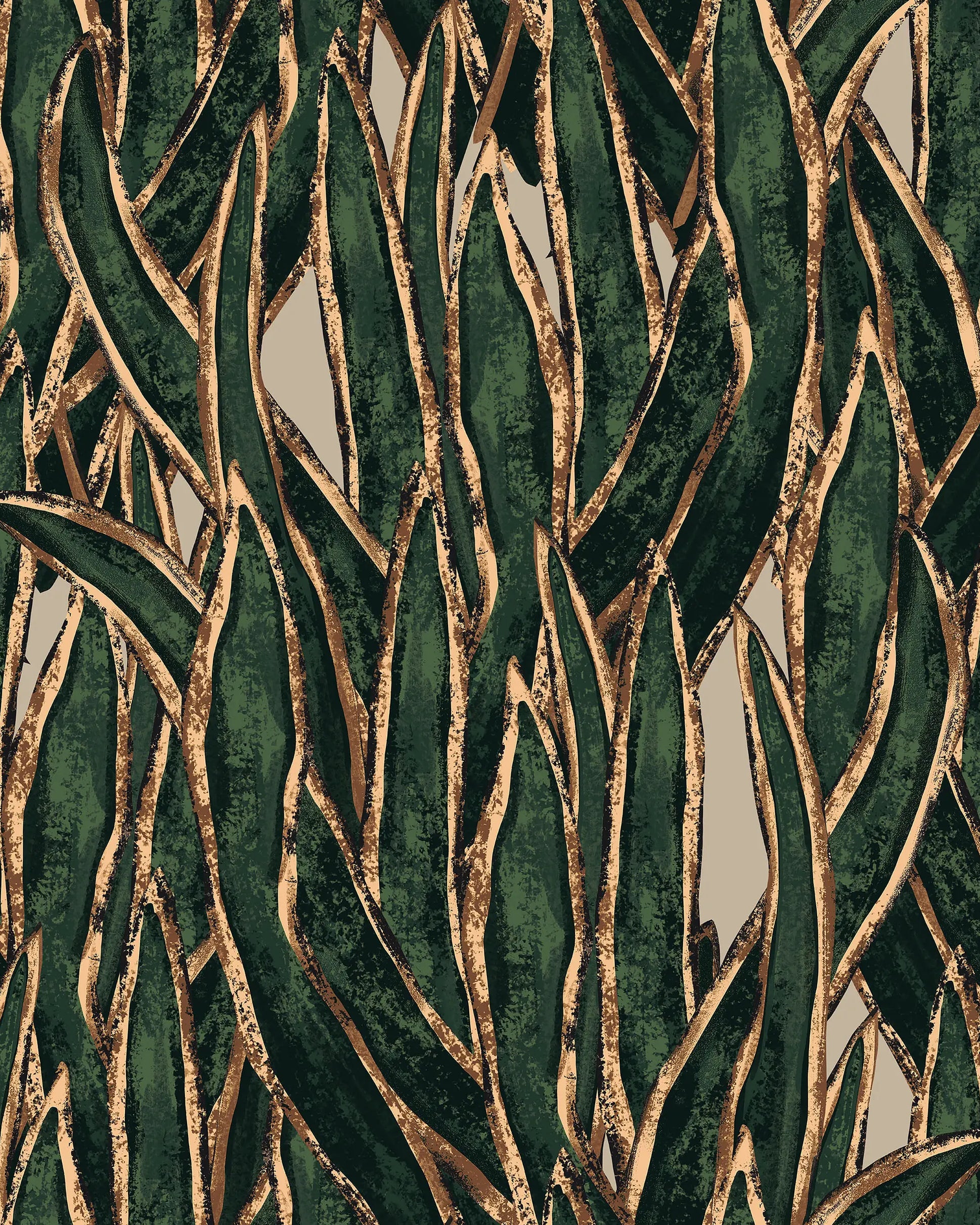 Pattern of interwoven branches in gold and green on a textured background