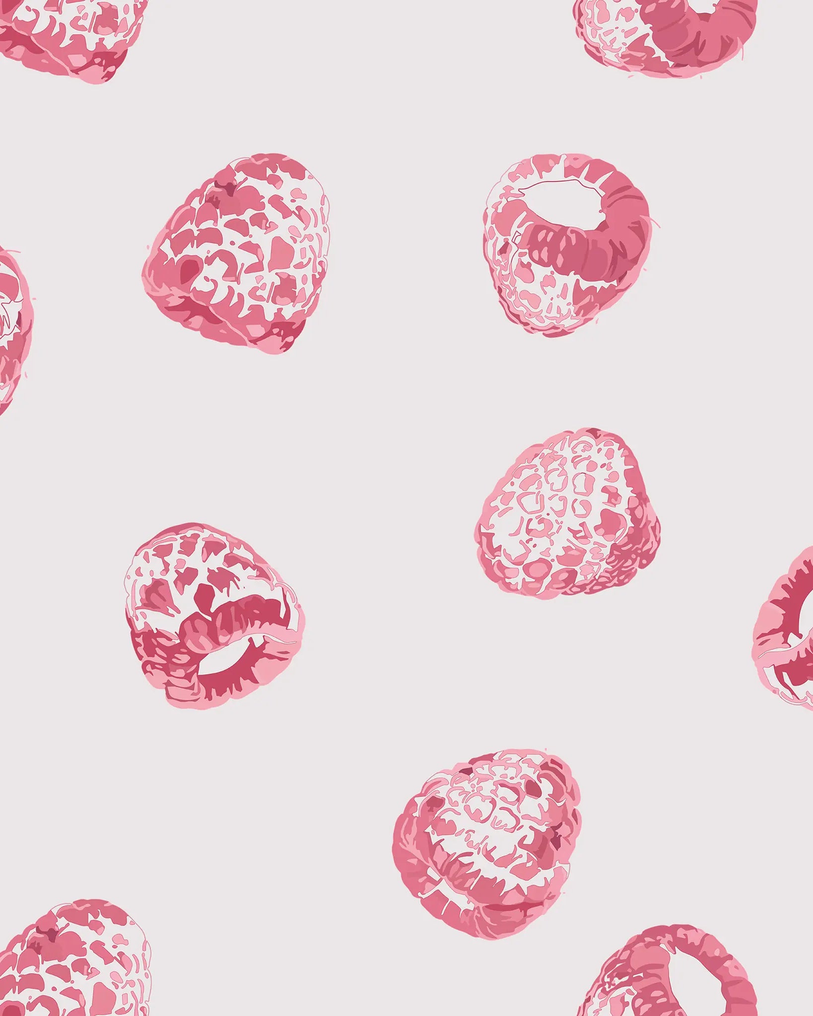 Pattern of pink and white raspberries on a light pink background