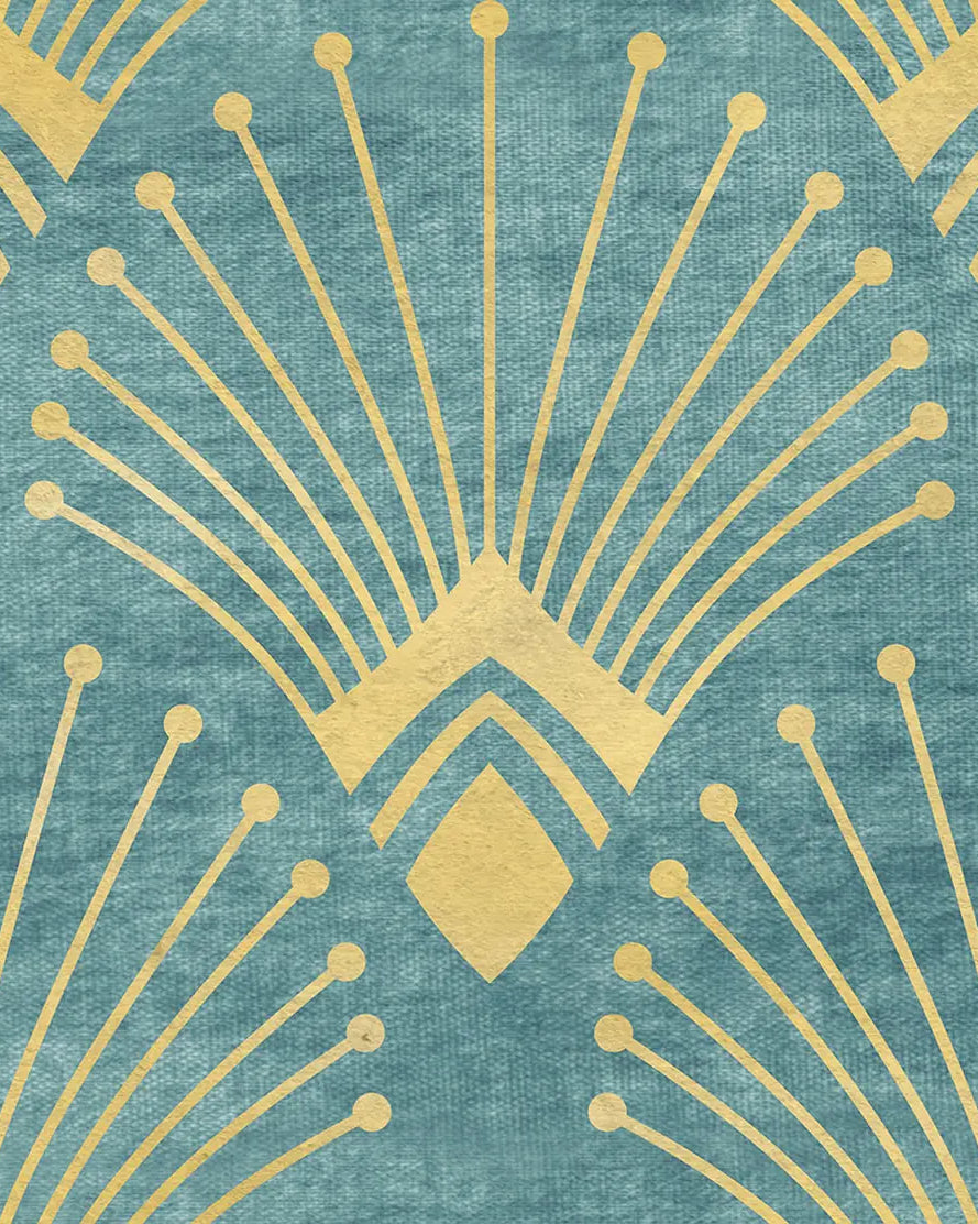 Patterned fabric with gold geometric design on a teal background