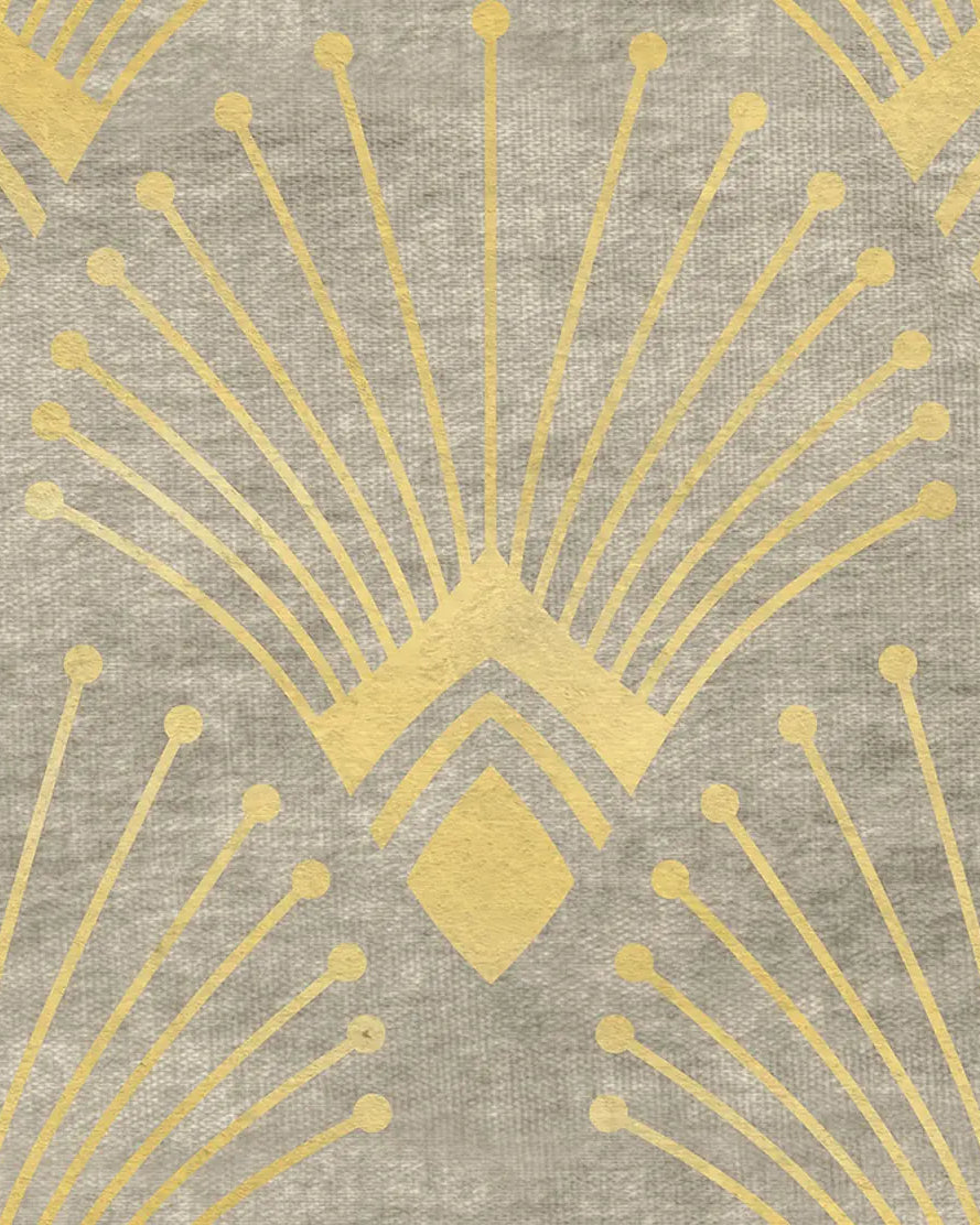 Patterned fabric with gold geometric design on a gray background