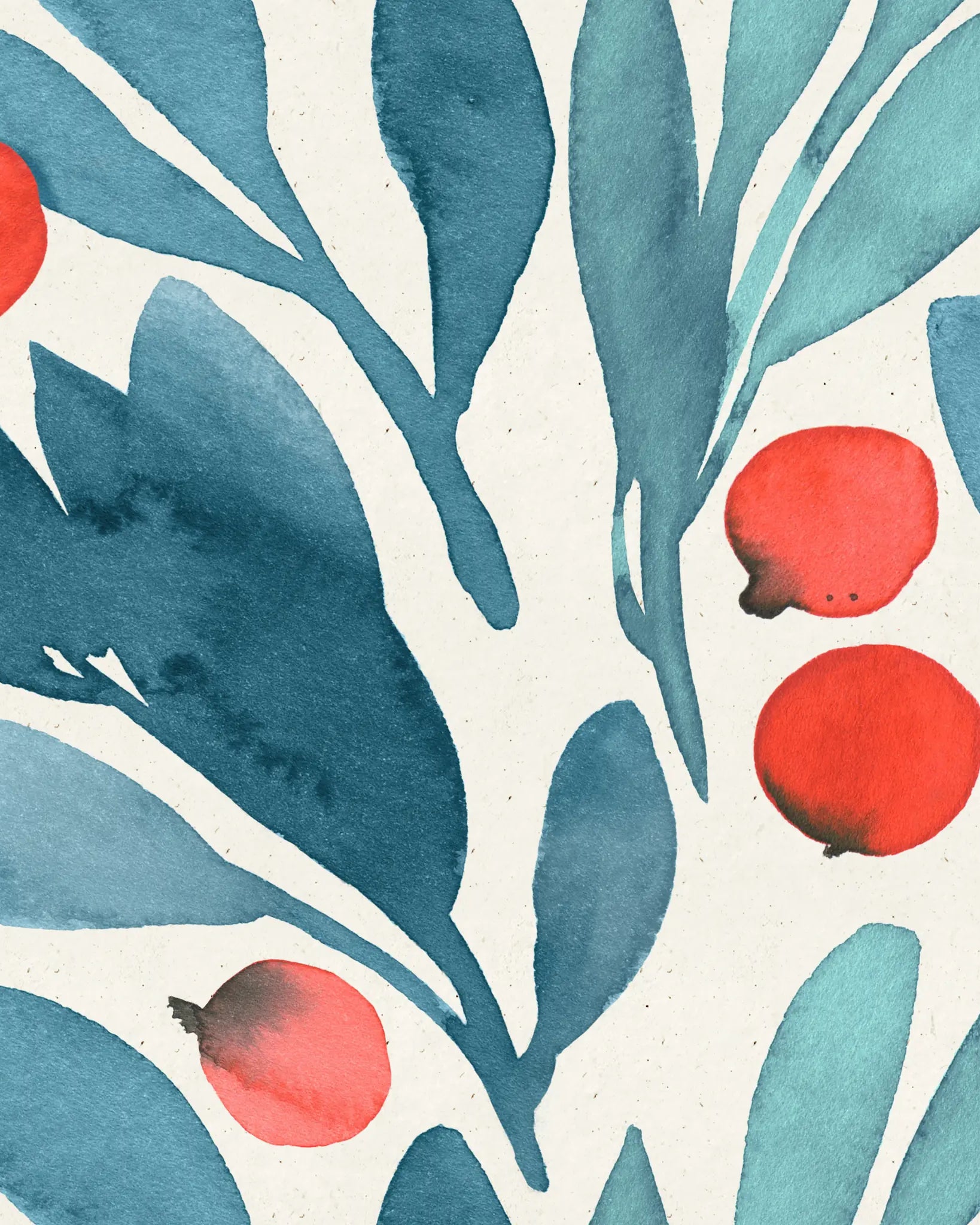 Pattern of blue leaves and red berries on a light background
