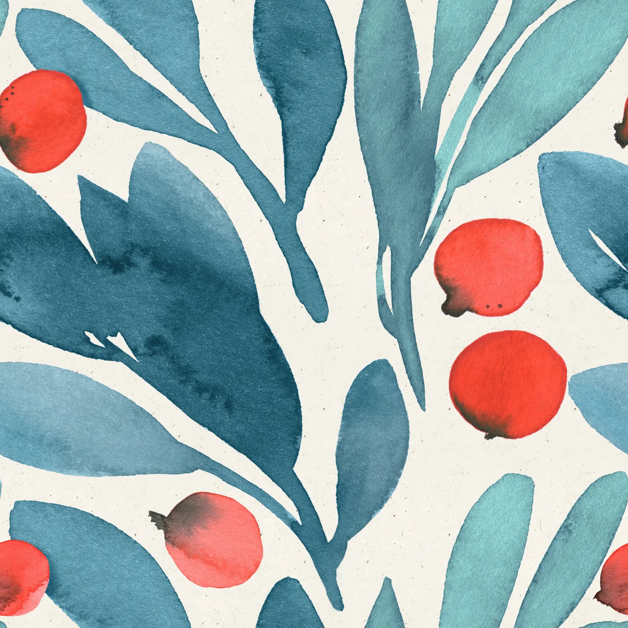 Pattern of blue leaves and red berries on a light background