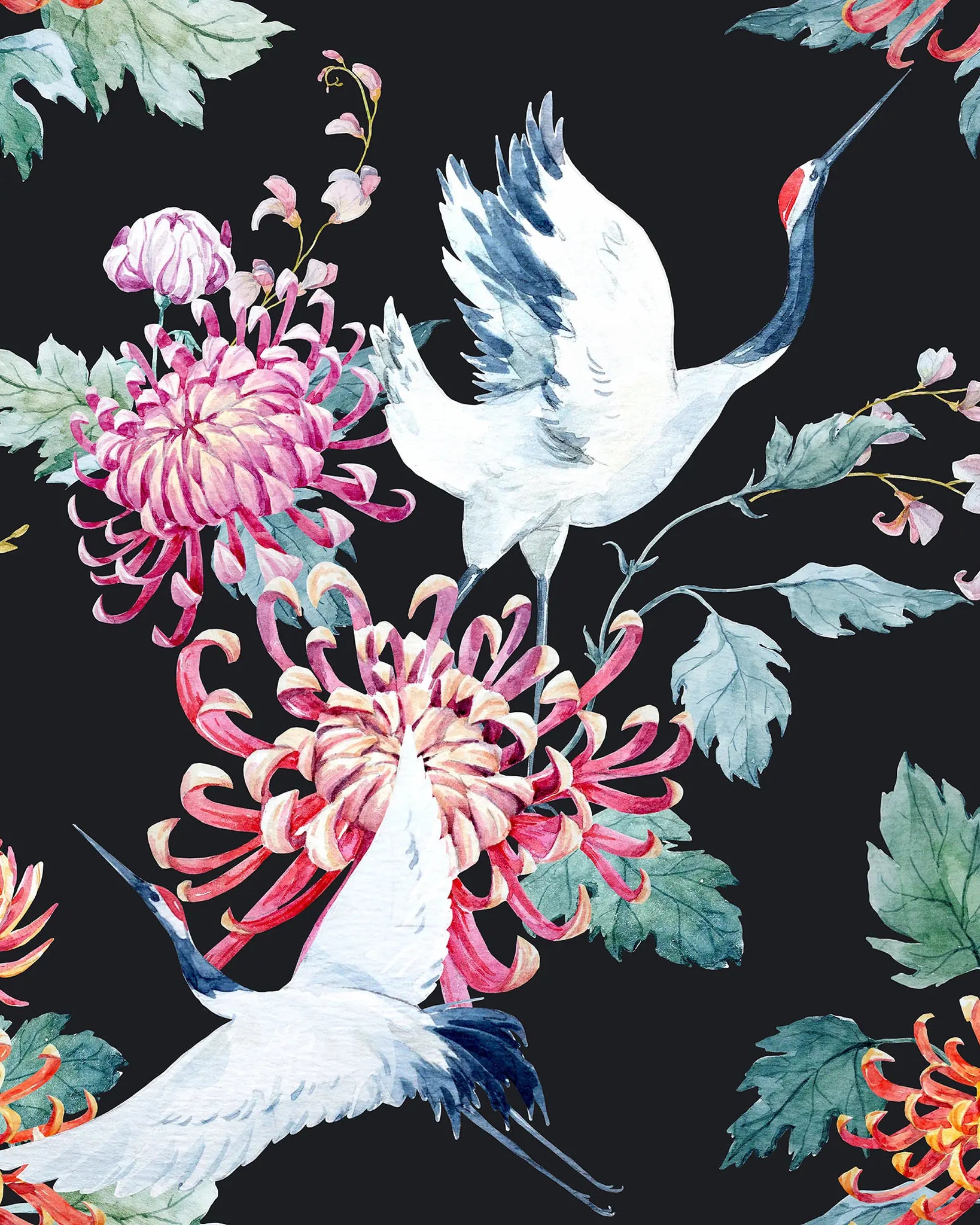 Pattern of white cranes and colorful flowers on a black background