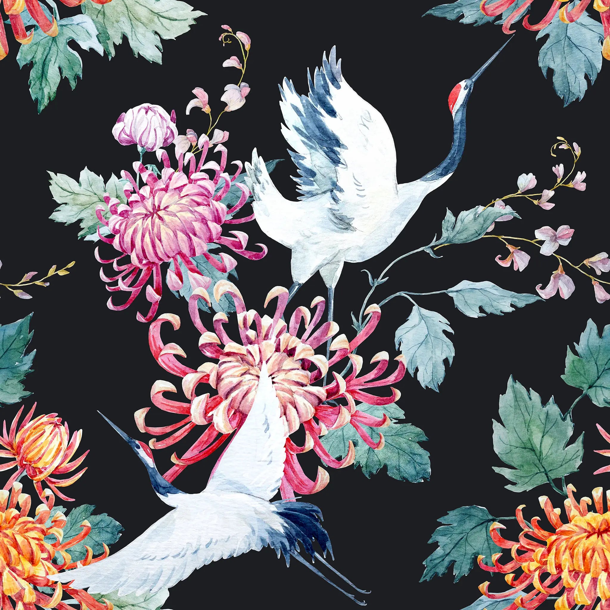 Pattern of white cranes and colorful flowers on a black background
