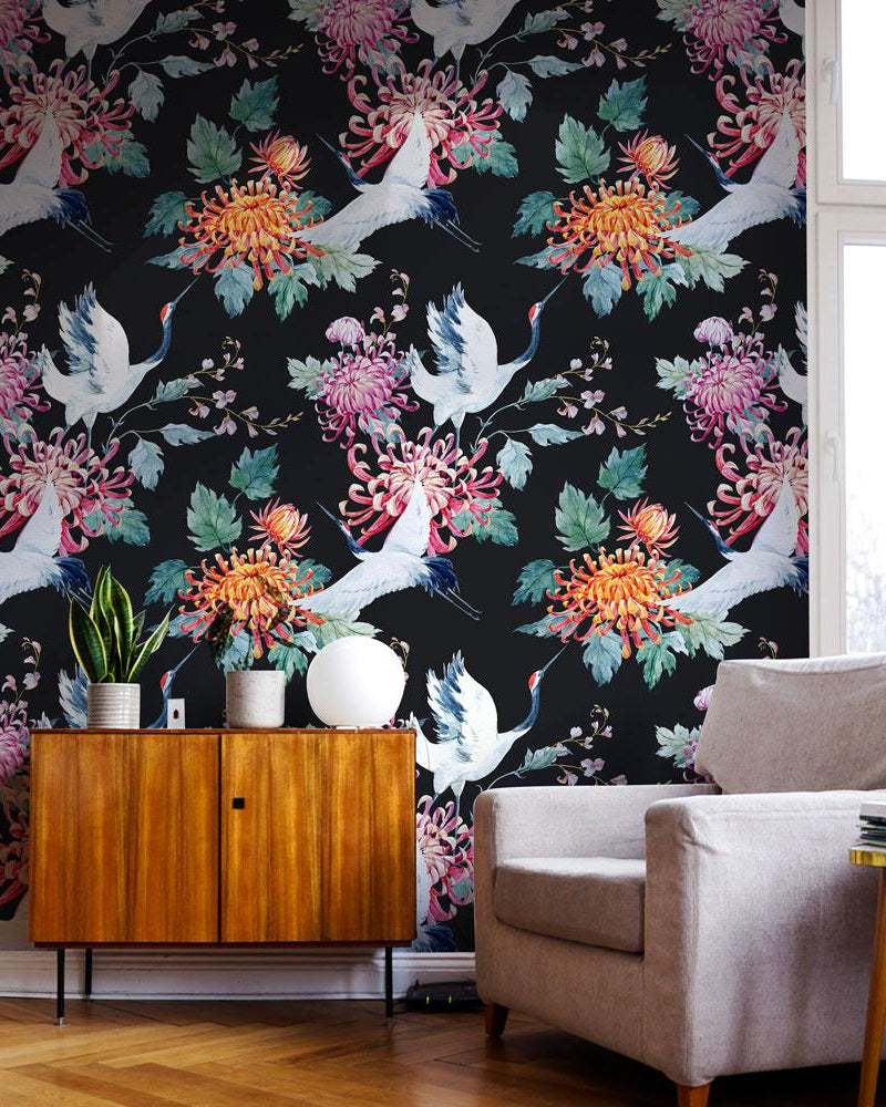 Red Heads Crane Peel and Stick Wallpaper, Removable Wallpaper, Traditional Wallpaper | DeccoPrint