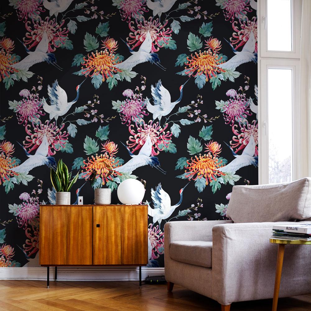 Red Heads Crane Peel and Stick Wallpaper, Removable Wallpaper, Traditional Wallpaper | DeccoPrint