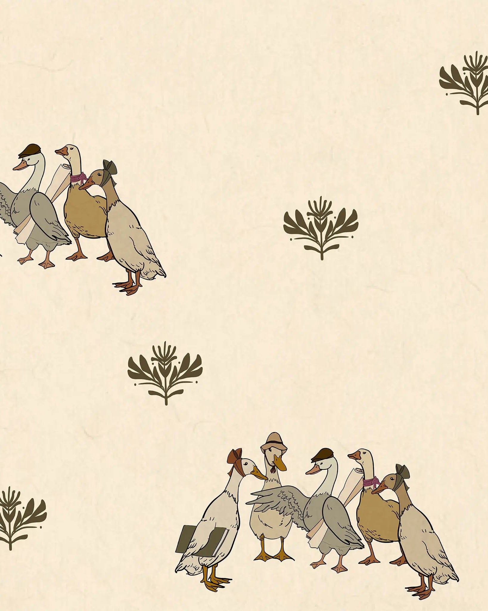 Illustration of geese with decorative elements on a beige background