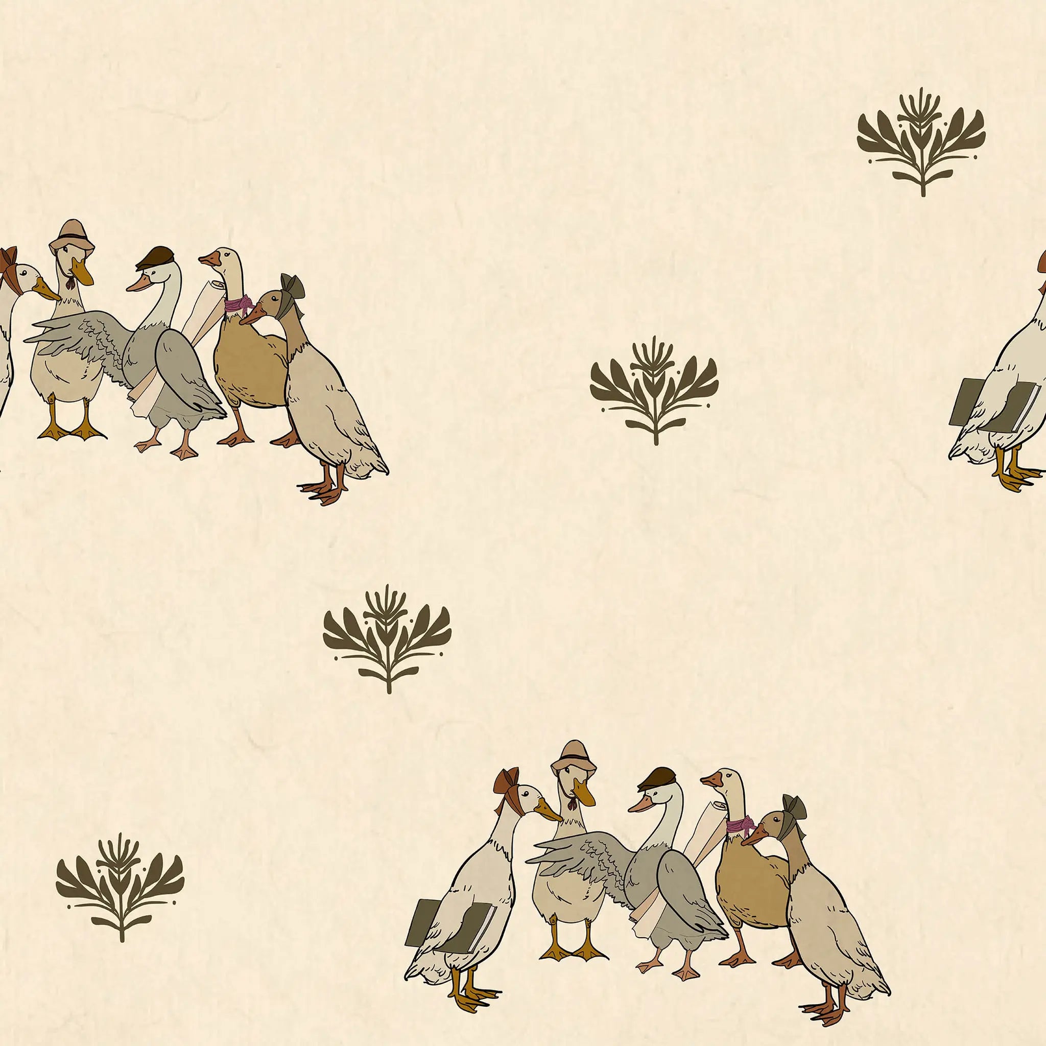 Illustration of geese with decorative elements on a beige background