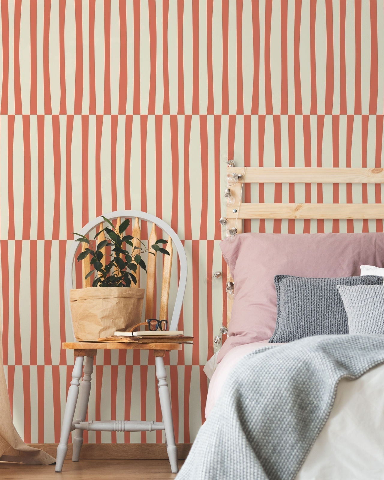 Retro Lines Peel and Stick Wallpaper, Removable Wallpaper, Traditional Wallpaper - Orange | DeccoPrint