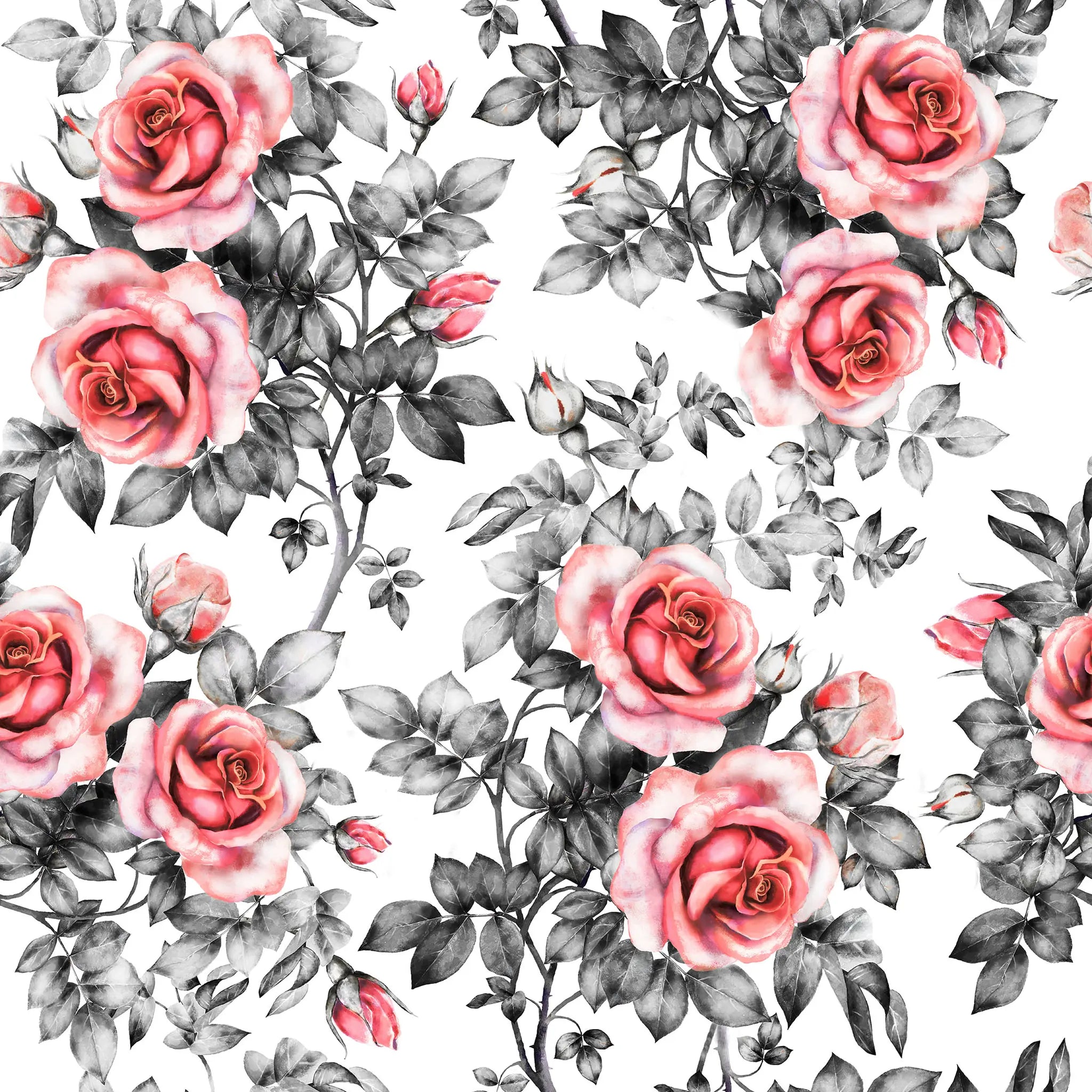 Pattern of pink roses and green leaves on a white background