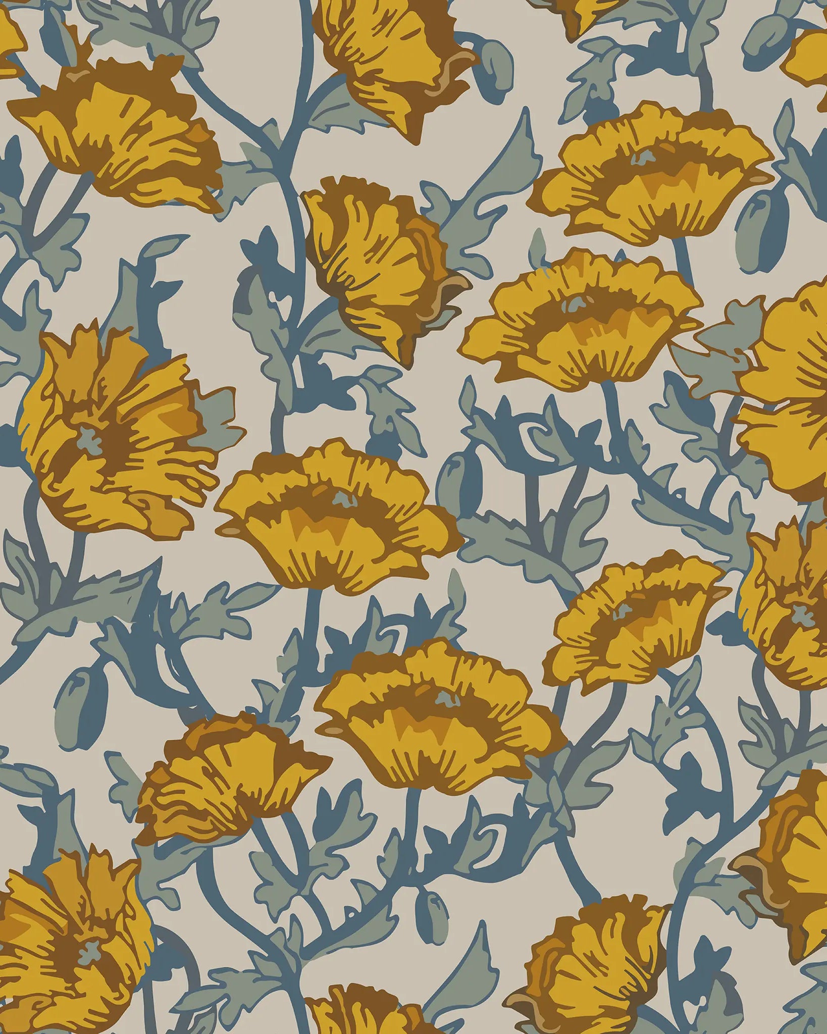 Pattern of yellow flowers with blue leaves on a beige background