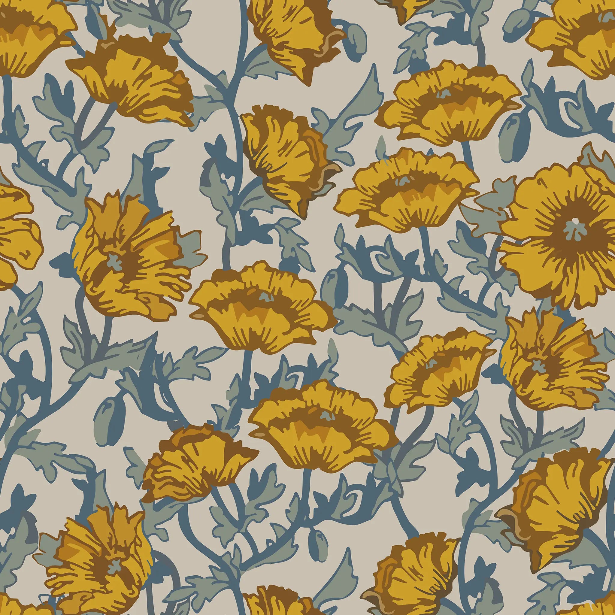 Pattern of yellow flowers with blue leaves on a beige background