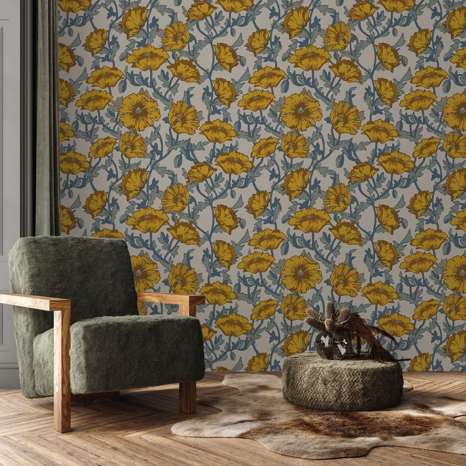 Rustic Blooming Peel and Stick Wallpaper, Removable Wallpaper, Traditional Wallpaper | DeccoPrint