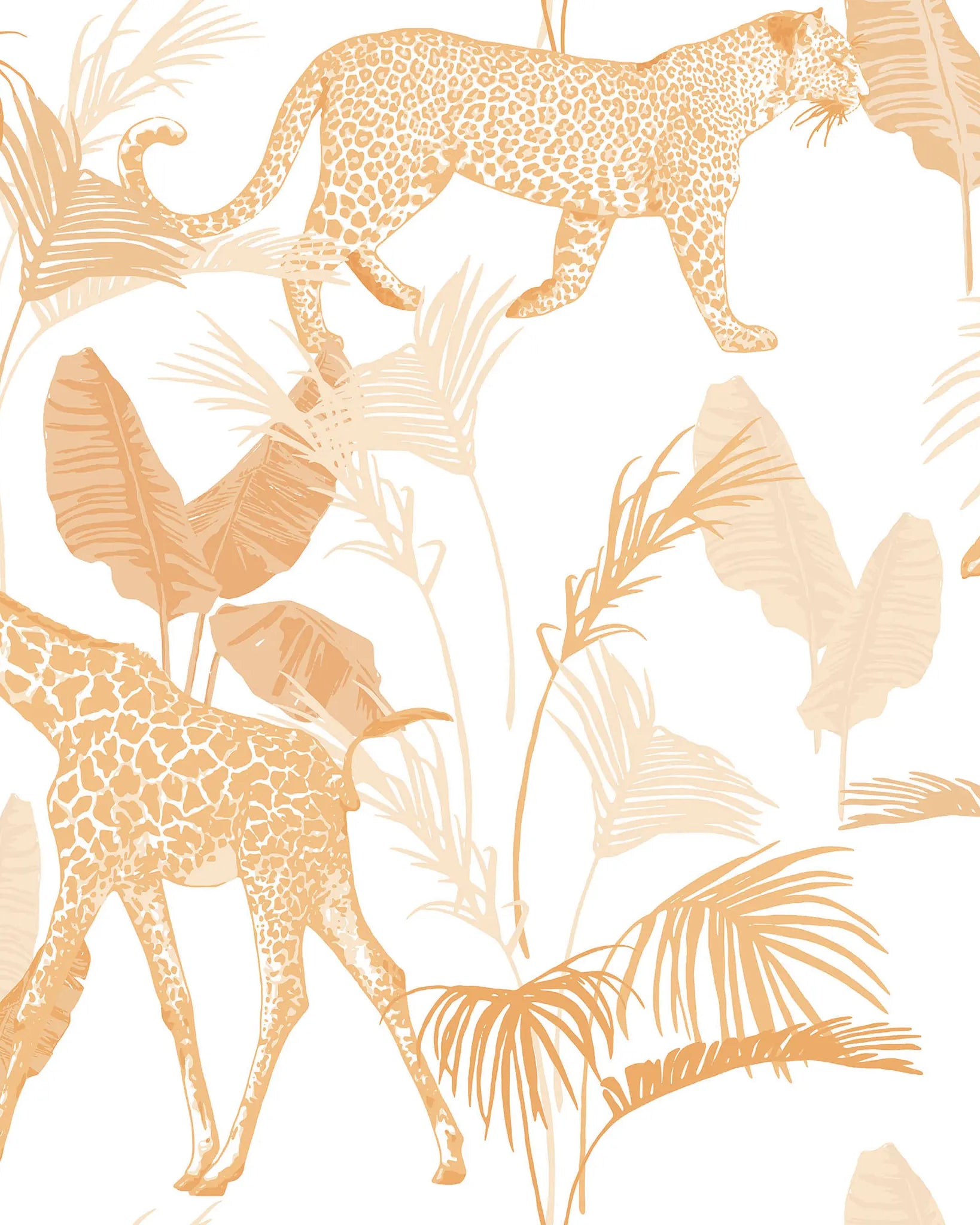 Pattern of giraffes and leaves in orange on a white background