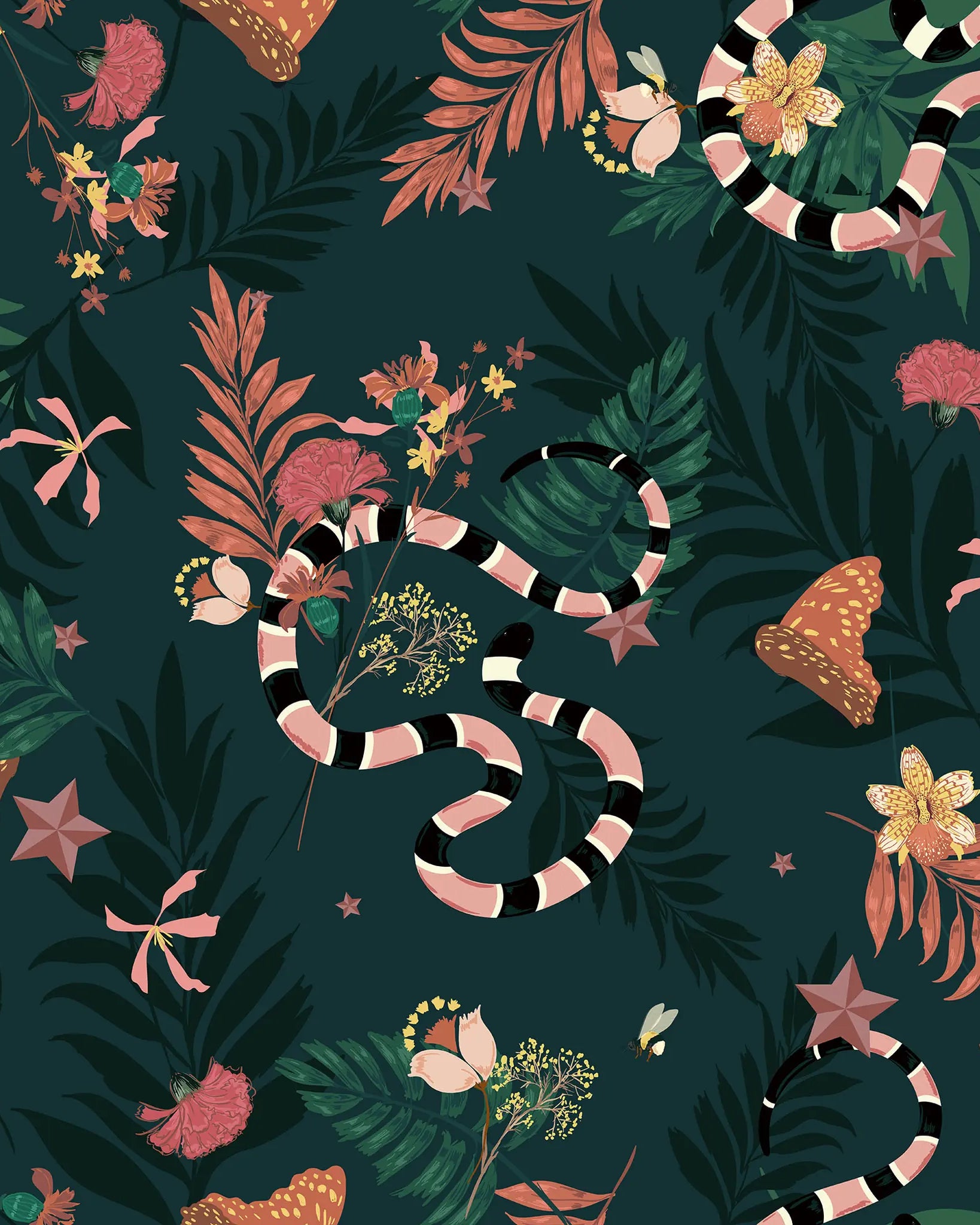 Tropical pattern with snakes, flowers, and leaves on a dark green background