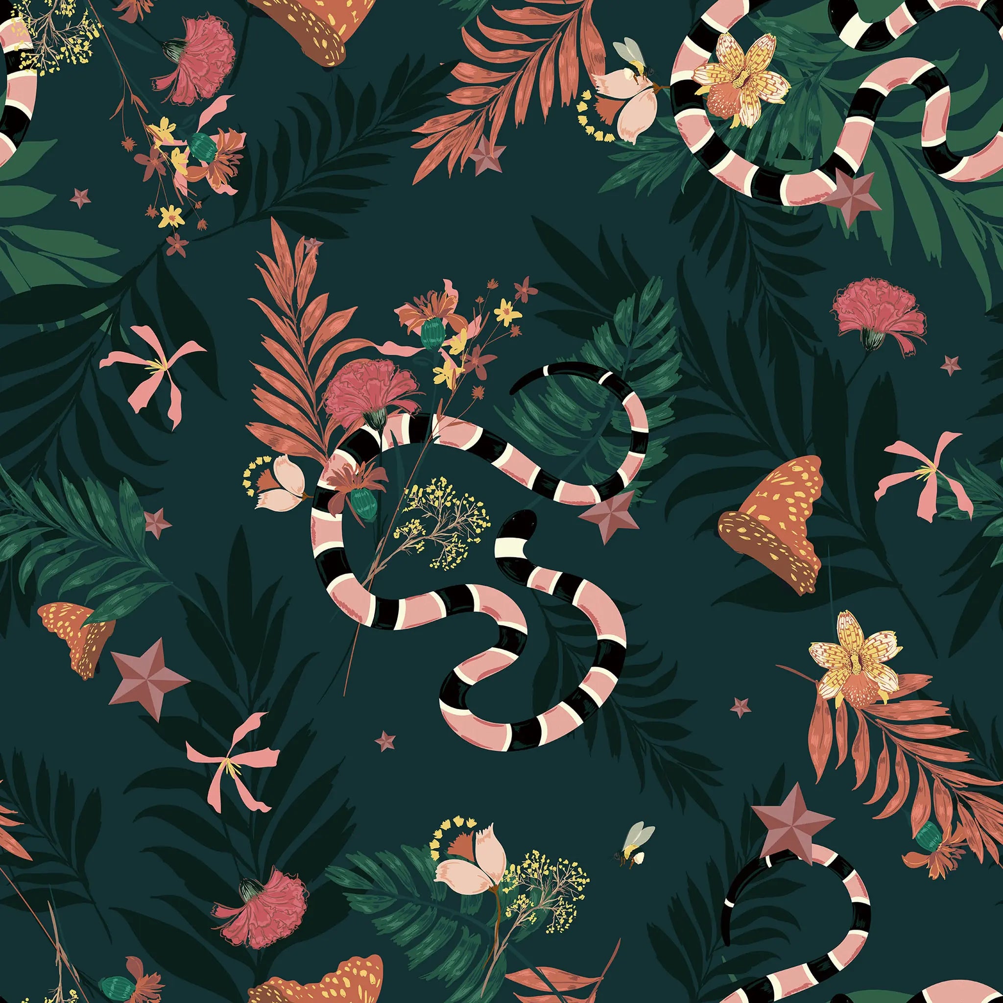 Tropical pattern with snakes, flowers, and leaves on a dark green background
