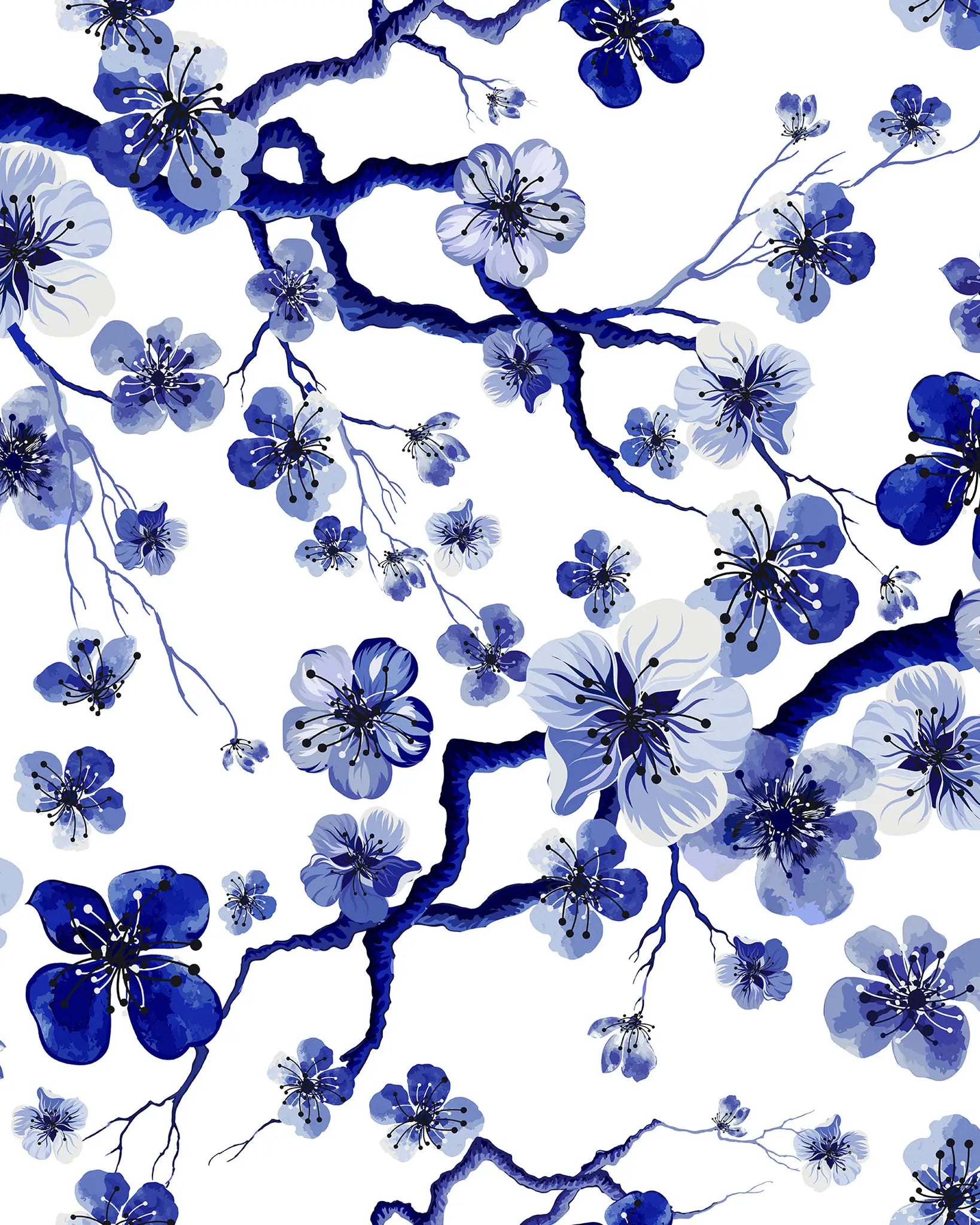 Pattern of blue and white flowers on a white background