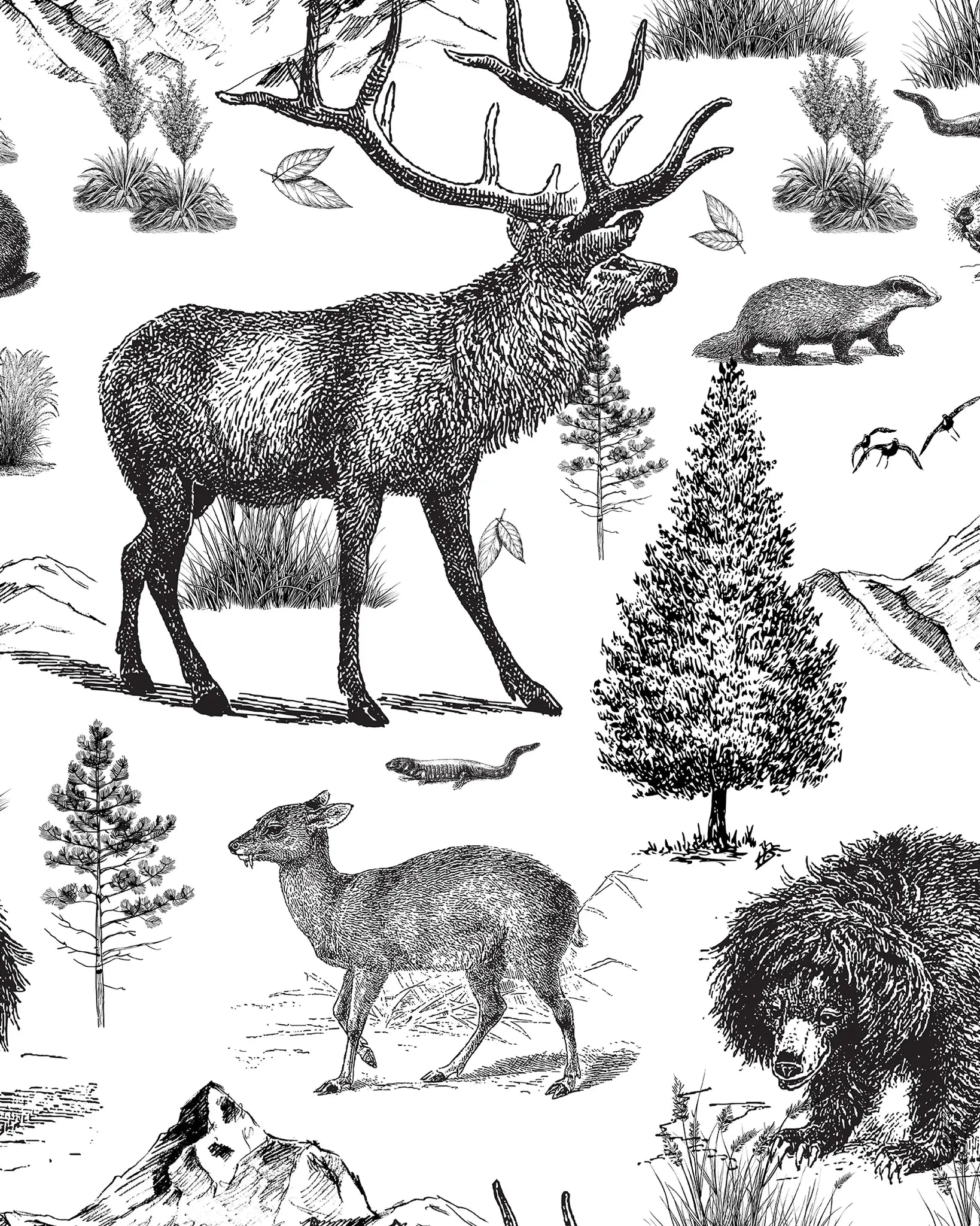 Illustration of various animals in a natural setting with trees and plants.