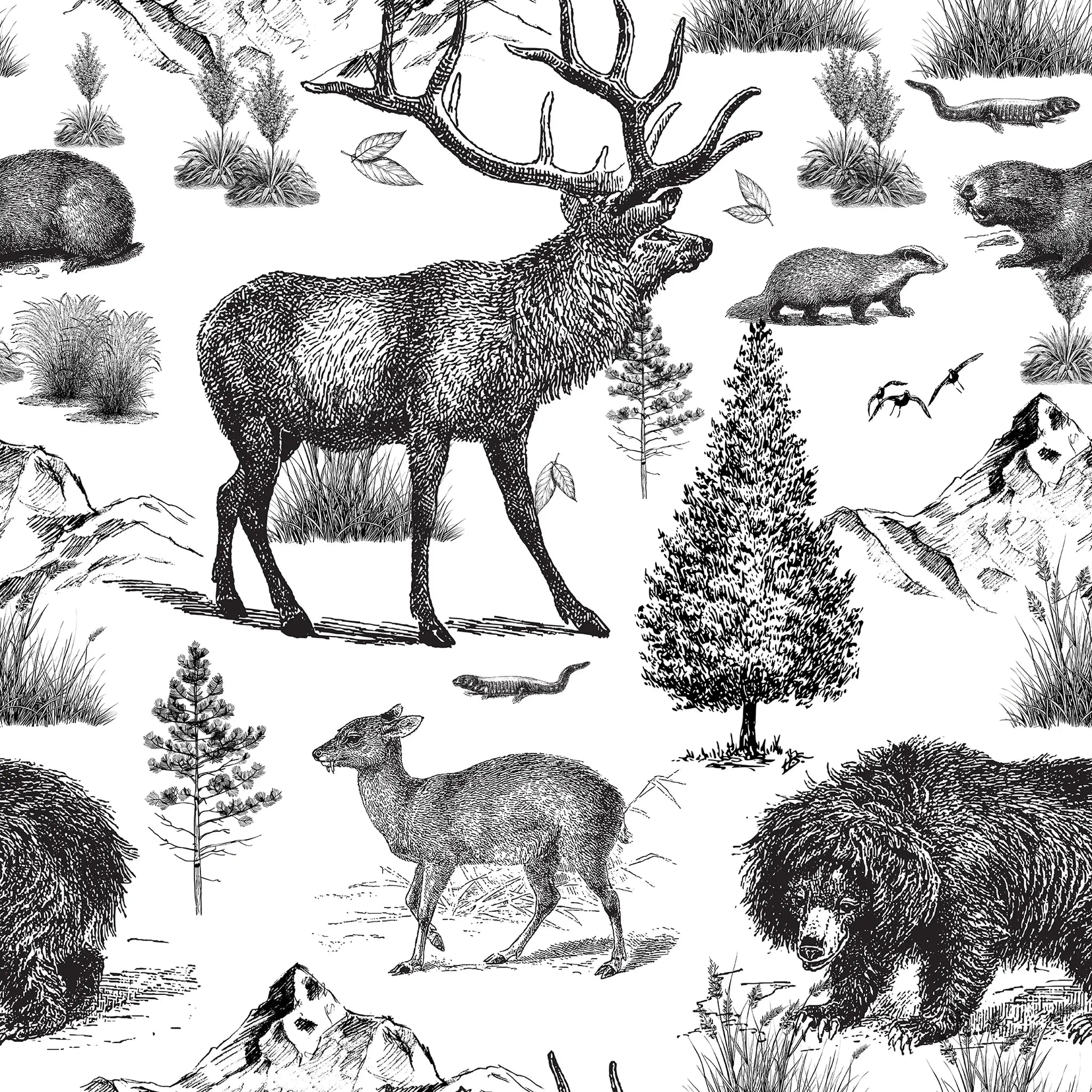 Illustration of various animals in a natural setting with trees and plants.