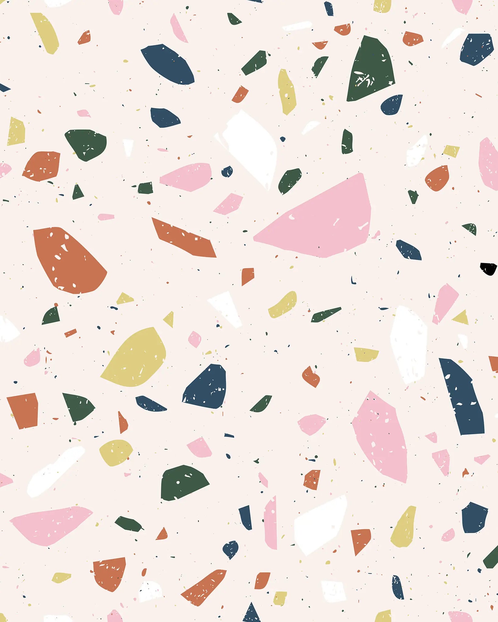 Colorful terrazzo pattern on a light pink background