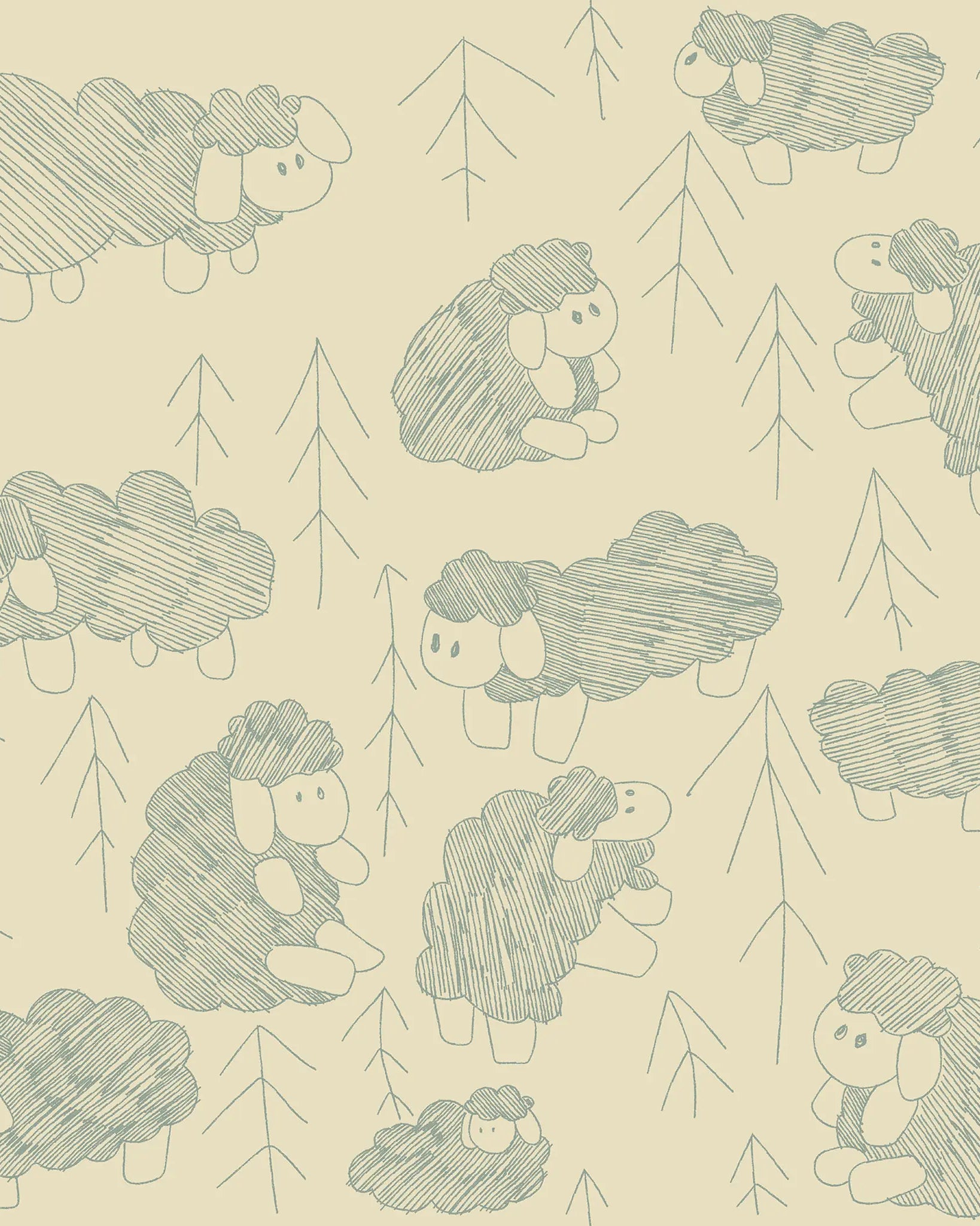 Pattern of stylized sheep and trees on a beige background