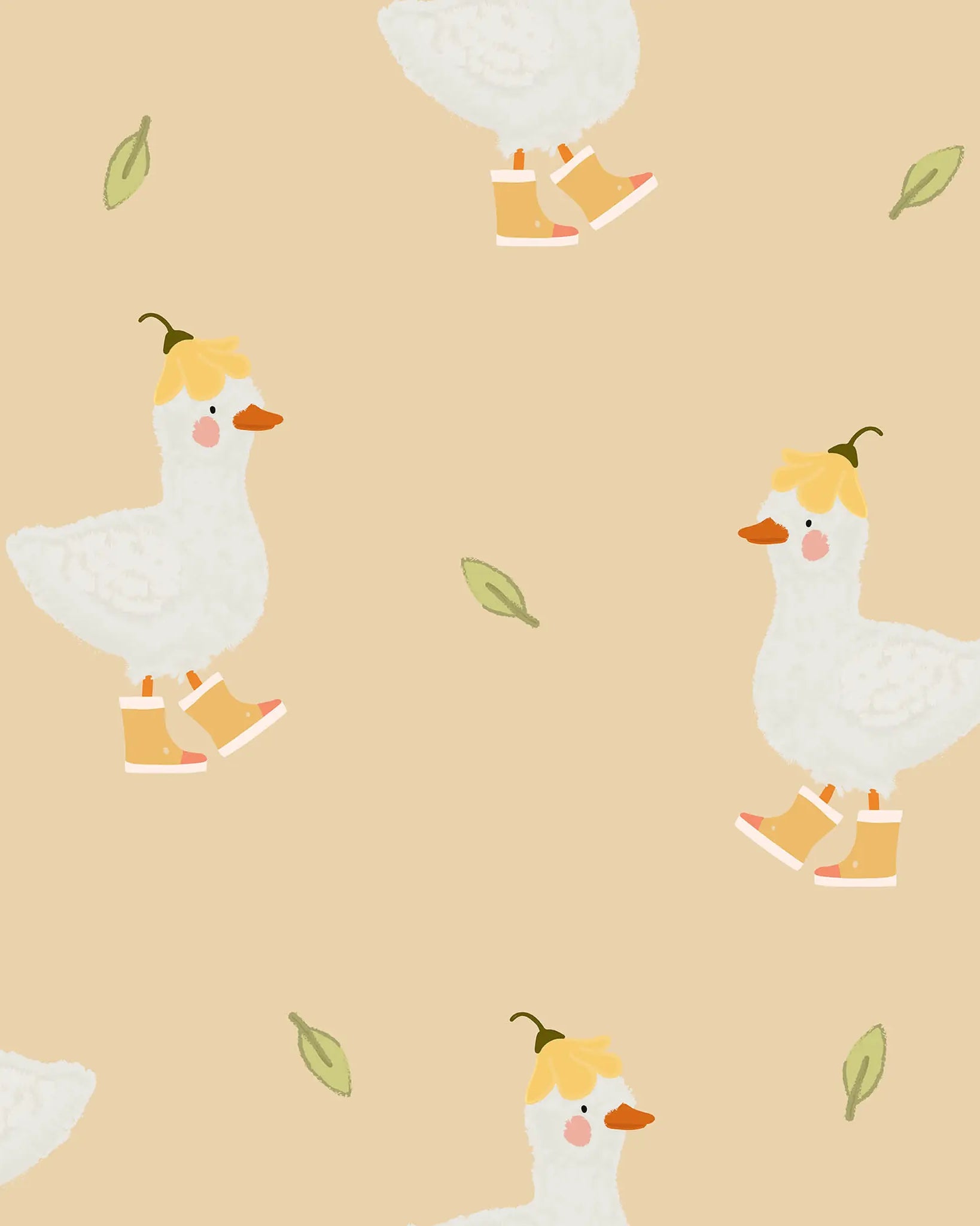 Pattern of cartoon geese with hats and boots on a beige background