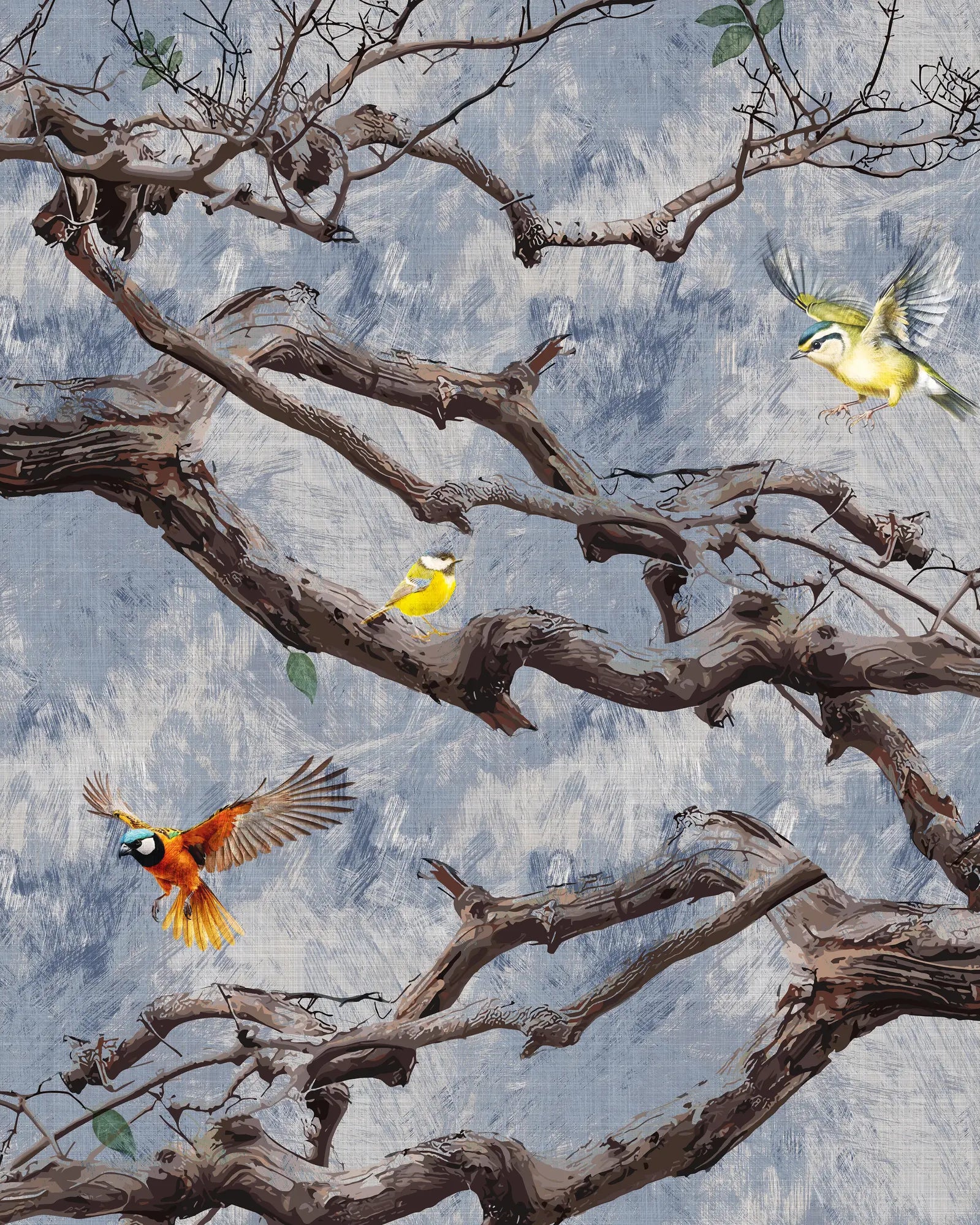 Birds perched and flying on a branch against a textured blue background