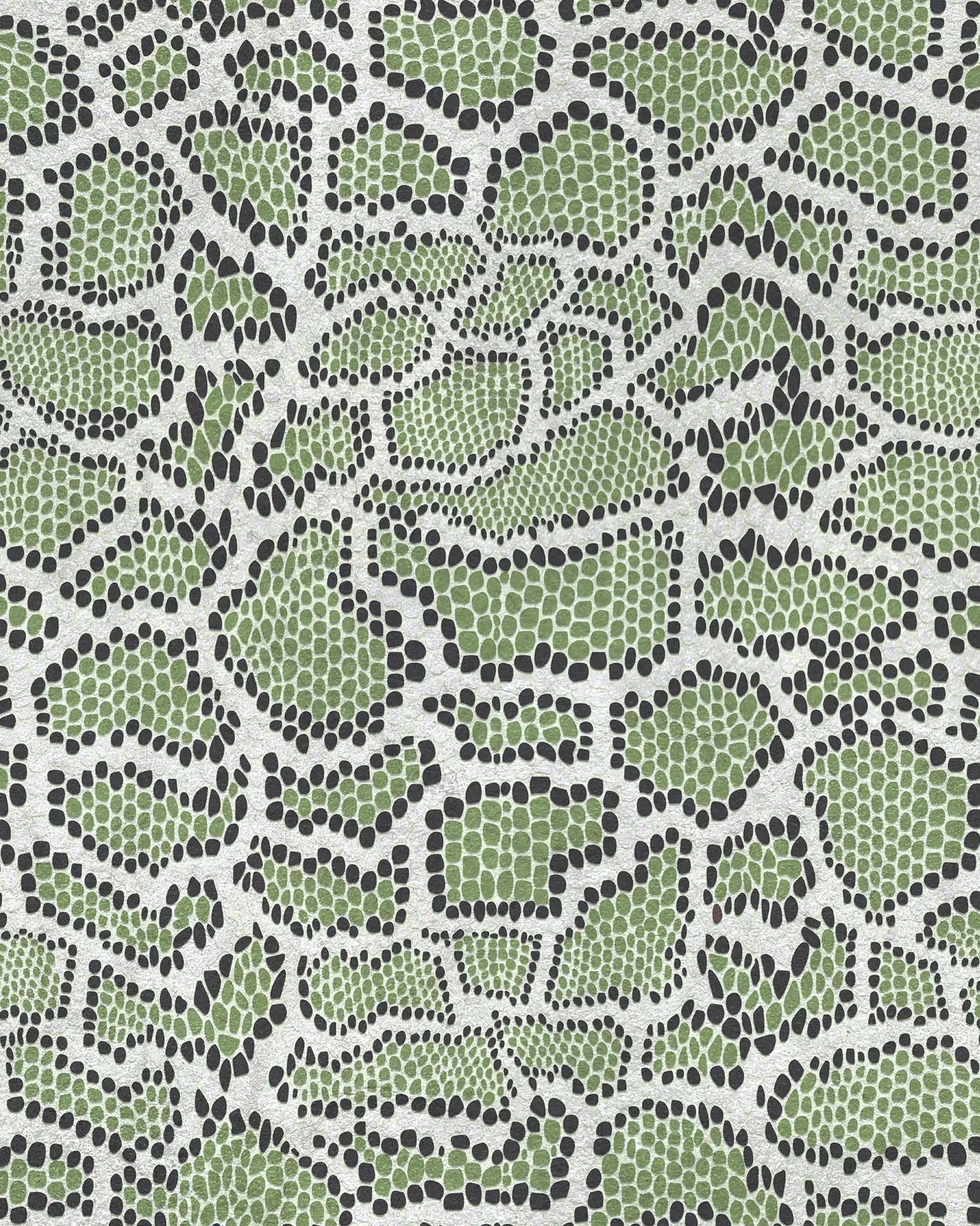 Pattern of green and black snake skin-like design on a white background