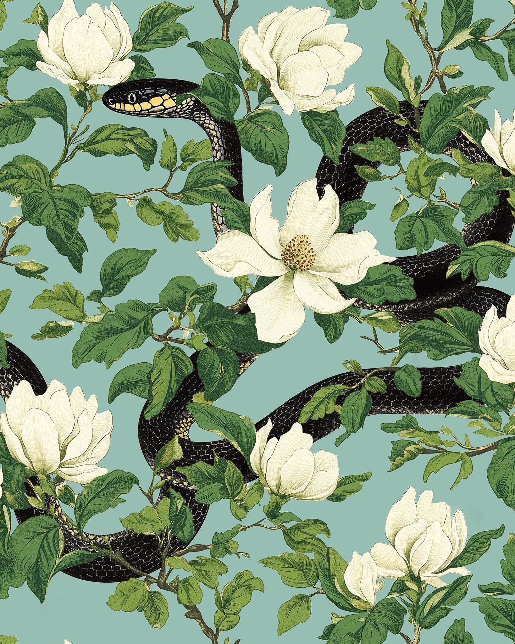 Pattern of white flowers and black snakes on a teal background