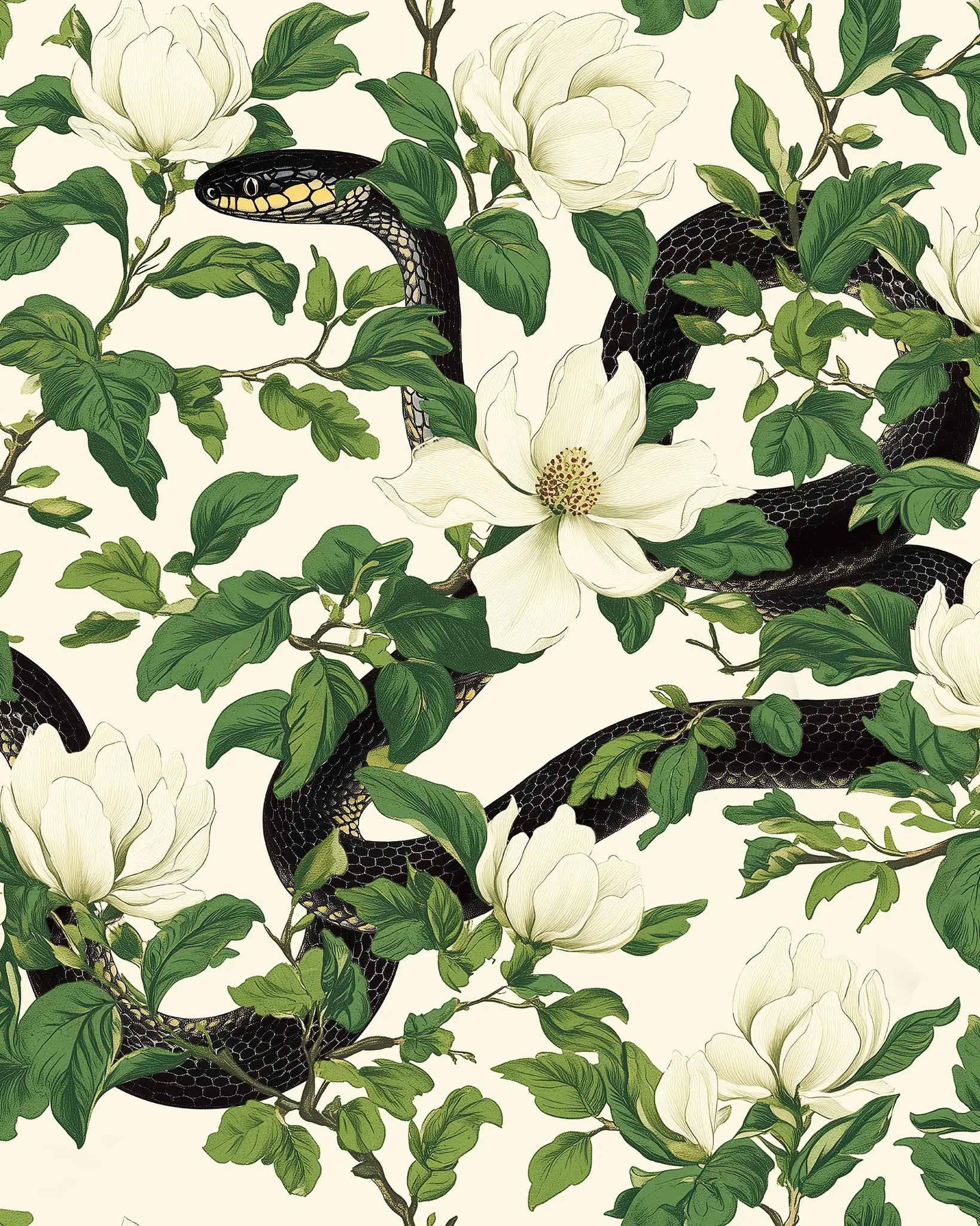 Pattern of white flowers and black snakes on a beige background