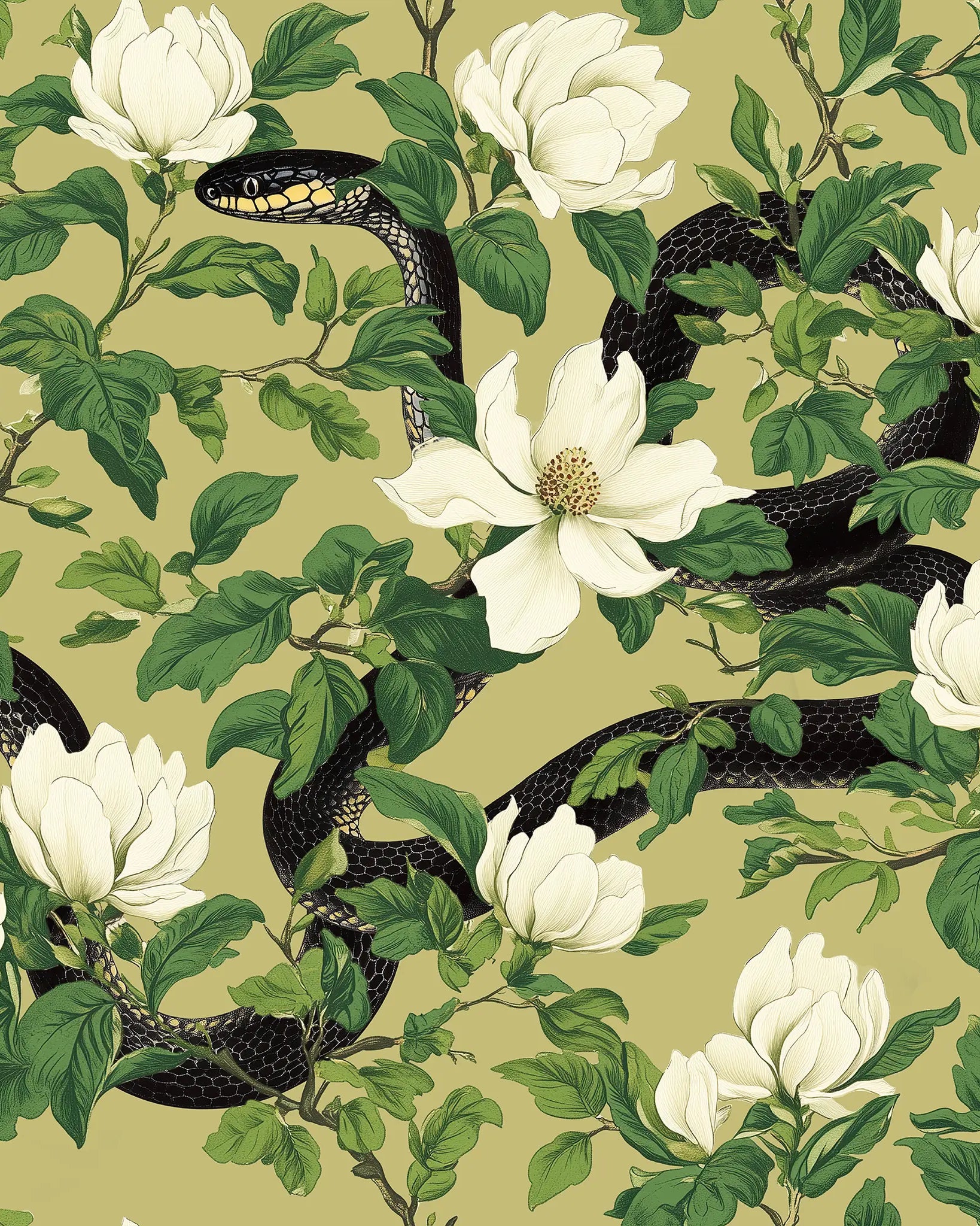 Pattern of white flowers, green leaves, and black snakes on a beige background