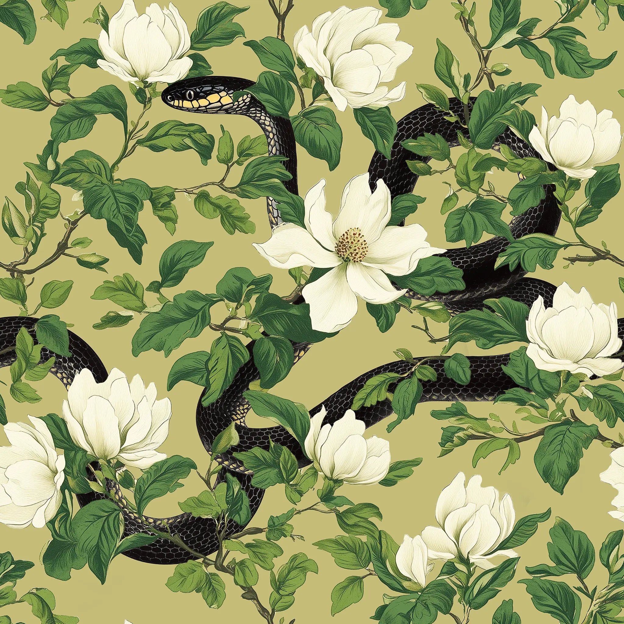 Pattern of white flowers, green leaves, and black snakes on a beige background