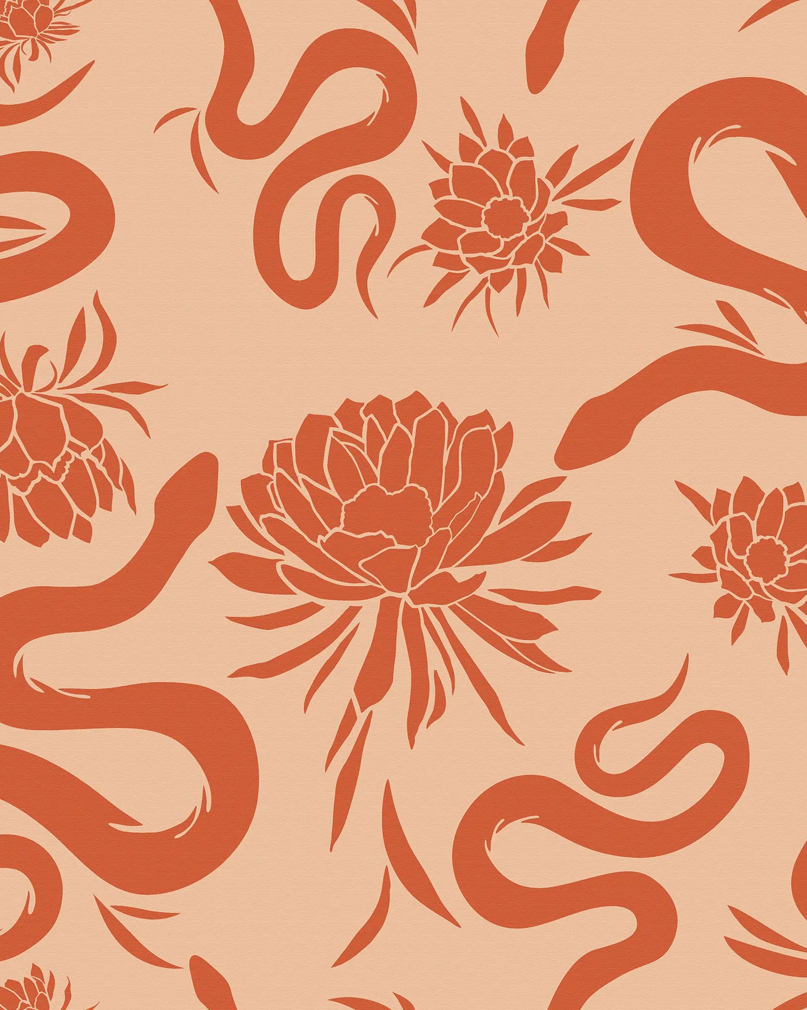 Pattern of red snakes and flowers on a peach background