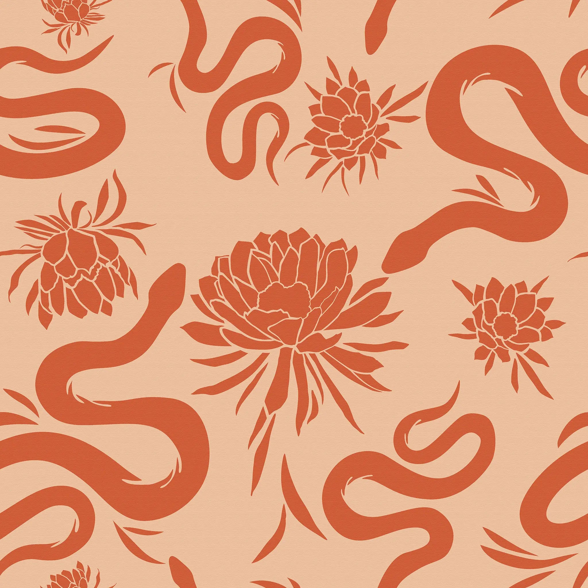Pattern of red snakes and flowers on a peach background