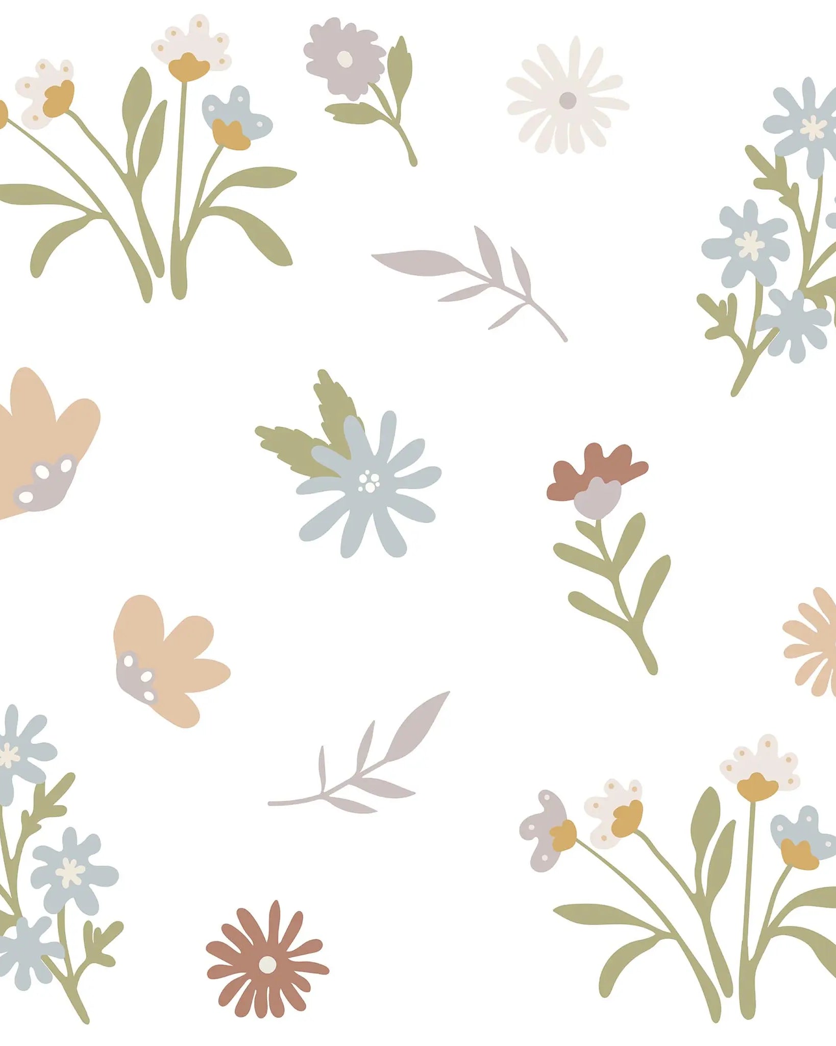 Pattern of small flowers and leaves on a white background